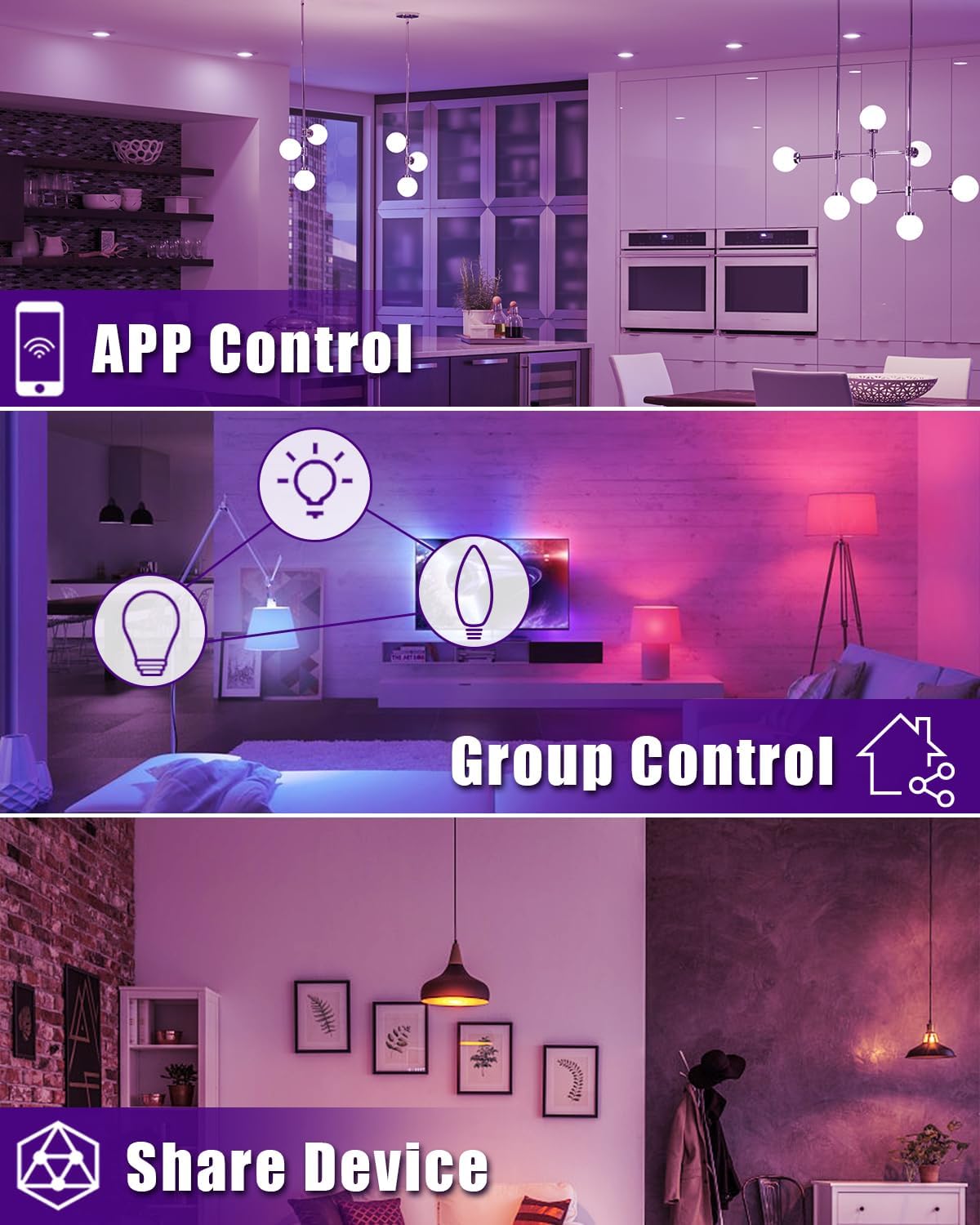 6 Pack E12 Smart Candelabra Light Bulbs – RGB + Tunable White Type B Smart LED Bulb Music Sync, Schedule & Group Control, Candle Bulb Compatible with Alexa & Google Home for Chandelier, 5W (50W Eq.)