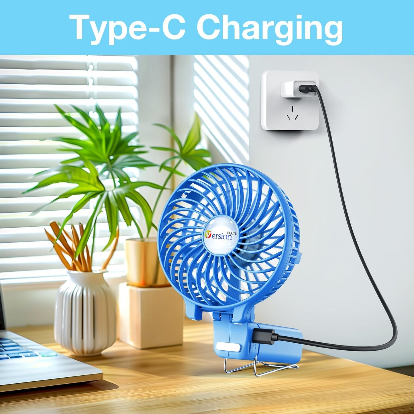 VersionTECH. Portable Handheld Fan, Powerful+Durable+180° Foldable, Mini Hand Fans with USB Rechargeable Battery Operated Cooling Accessories for Personal Use, Travel, Office Blue
