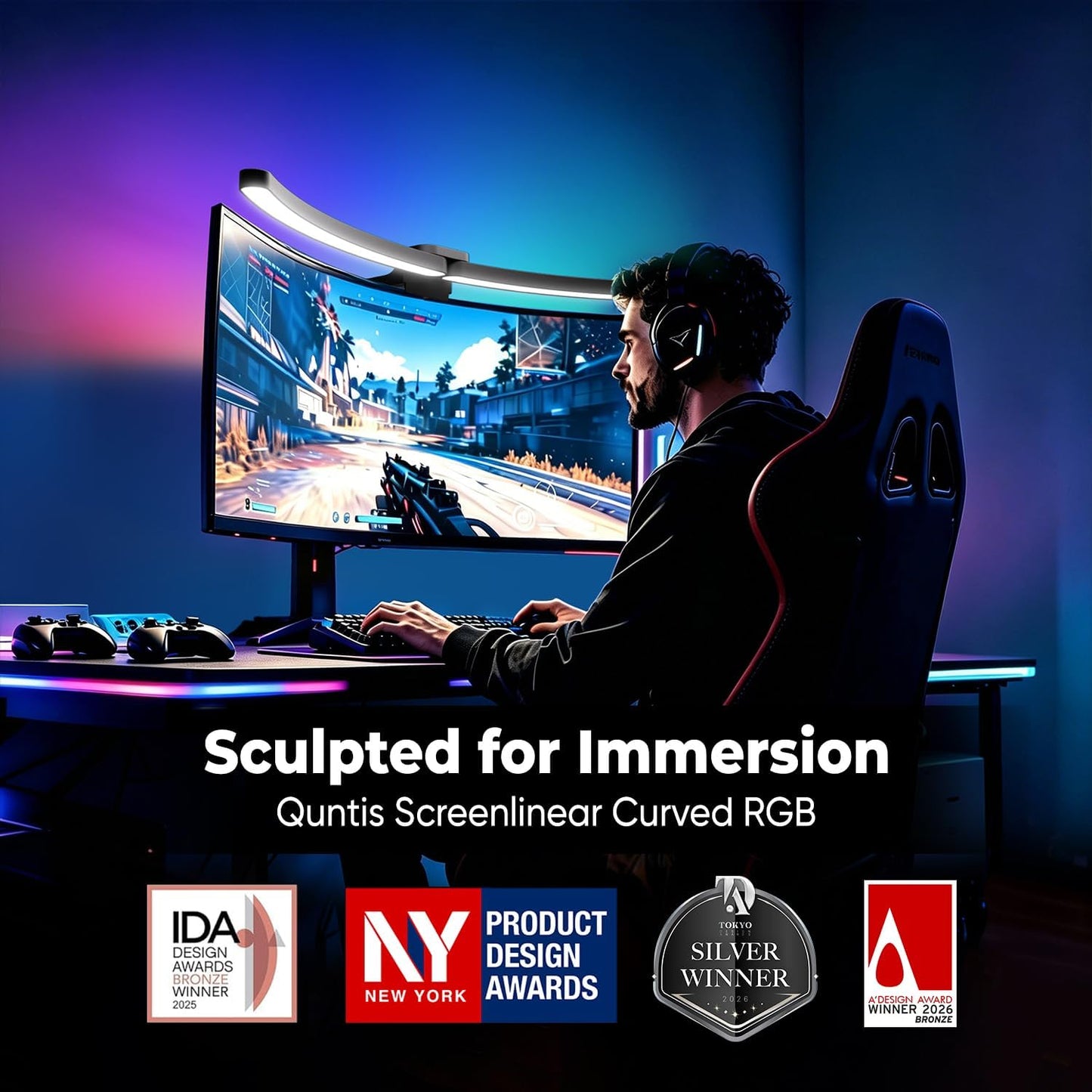 Quntis Curved Monitor Light Bar 15 RGB Backlight for 34"+ Screens, Computer Bar Lights Foldable Dual Light with Color Temperature Brightness Stepless Dimming, No Glare Desk Lamp for Home Office Gaming