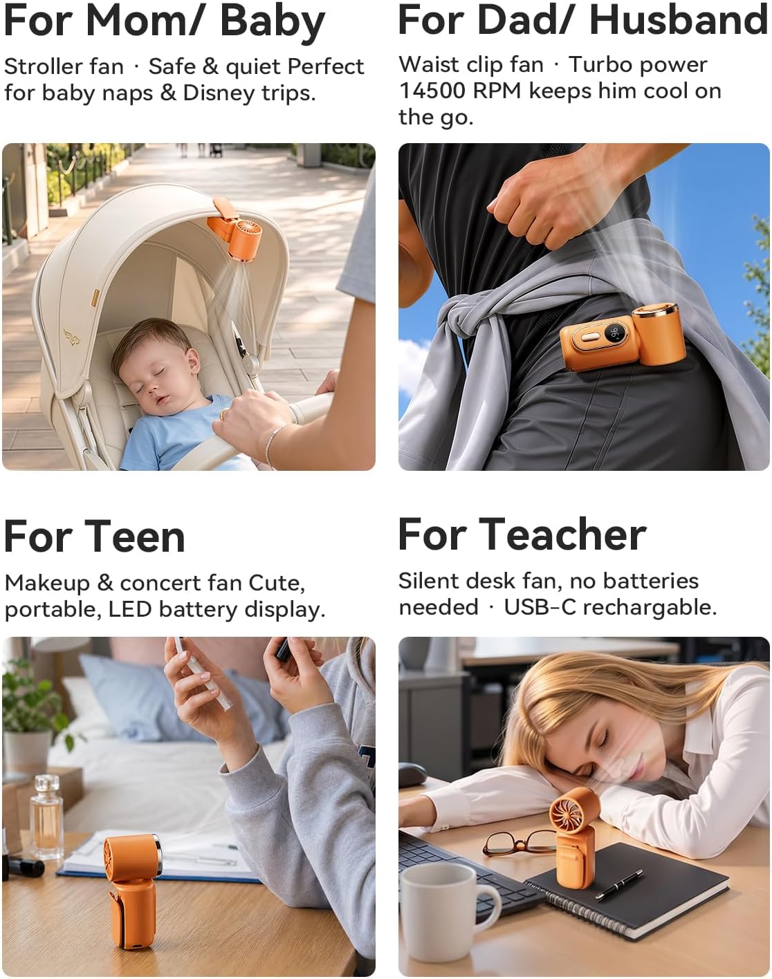 Mini Clip on Fan Handheld, 3000mAh Rechargeable Portable Fan with LED Display, 3-in-1 Personal Cooling Fan, 3 Speeds Quiet USB C Fan for Stroller Desk Travel Camping Office for Women Men Kids, Orange