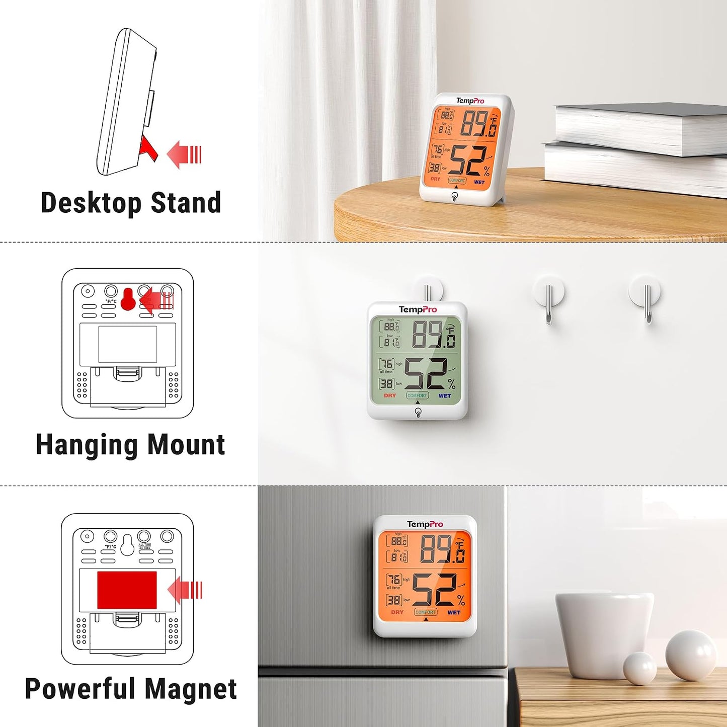 TempPro TP53 2 Pack Digital Hygrometer Indoor Thermometer for Home, Temperature Humidity Meter with Comfort Indicator & Max Min Records, Backlit Display Room Thermometer (Previously ThermoPro)