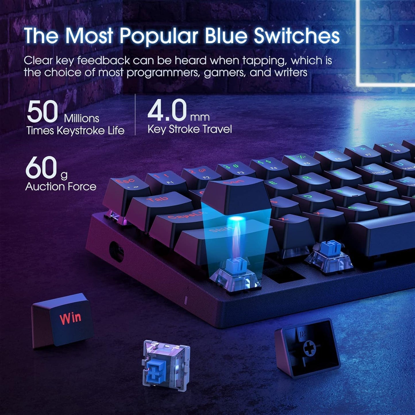60% Wired Mechanical Gaming Keyboard with Blue Switches, LED Backlit | 61 Keys Ultra-Compact Mini Portable Office Keyboard for PC/Mac/Xbox, 18 LED Backlight, Easy to Carry On Trip, Black