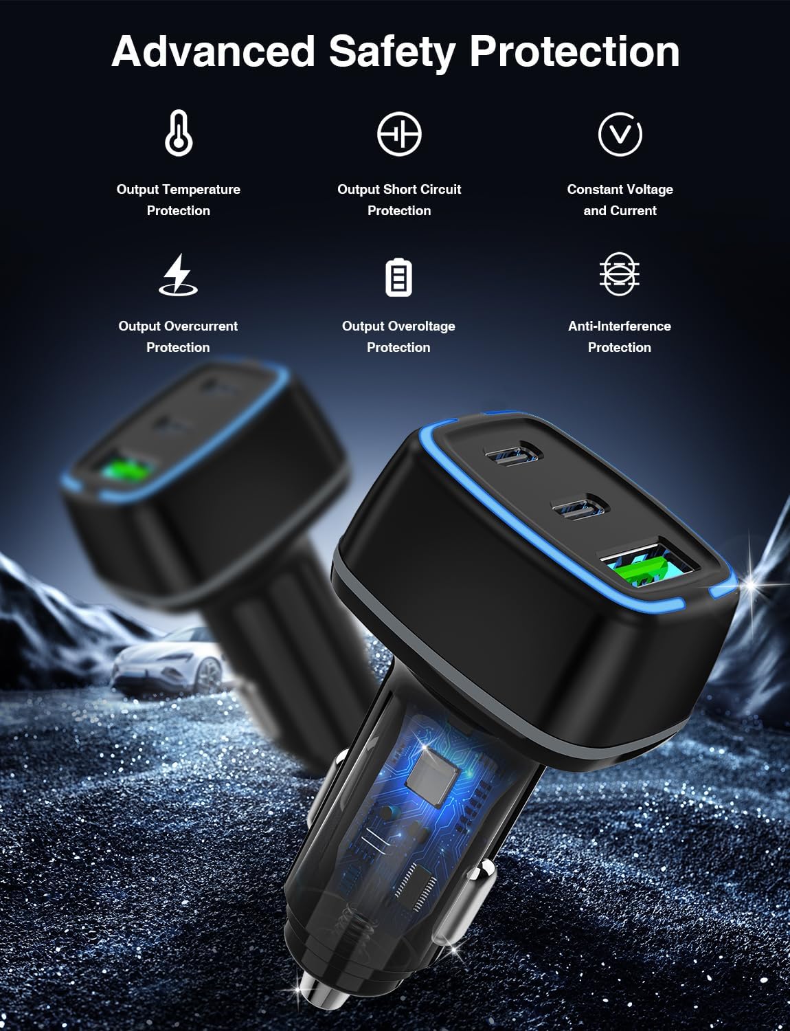 75W USB C Car Charger, 3-Port Super Fast Charging Cigarette Lighte | PD/QC 3.0 Car Cigarette Lighter Adapter for iPhone17/16/15 Pro Max & Samsung Galaxy S26/S25, with 4Pack 3/6.6FT Type-C Cables
