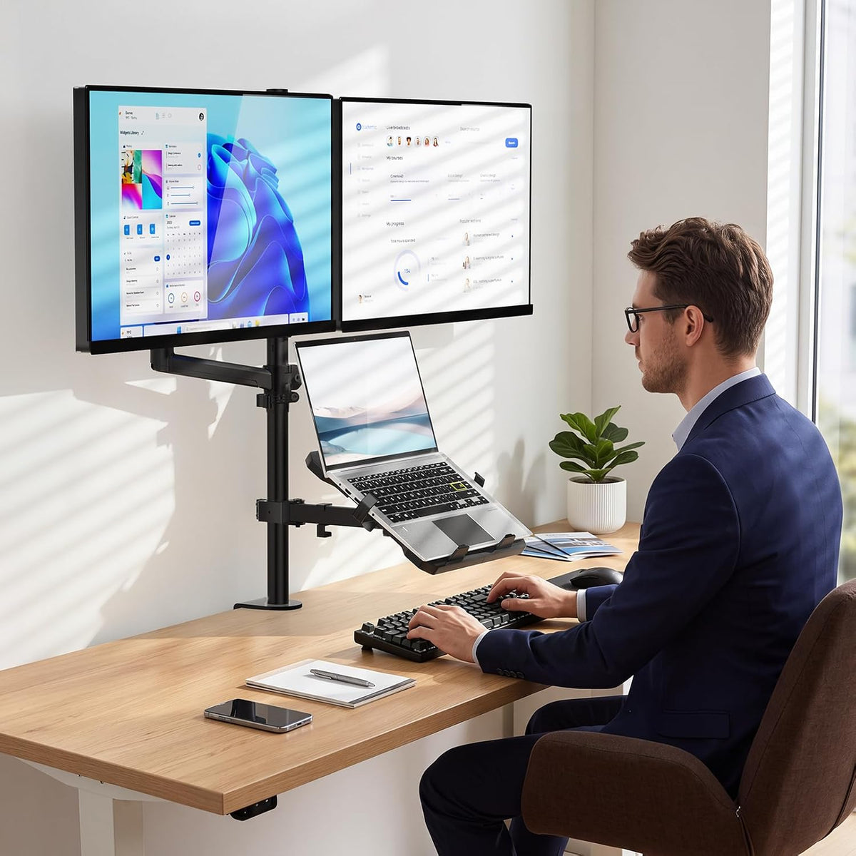 WALI Dual Monitor and Laptop Stand for 17" Notebook and 32" Screens