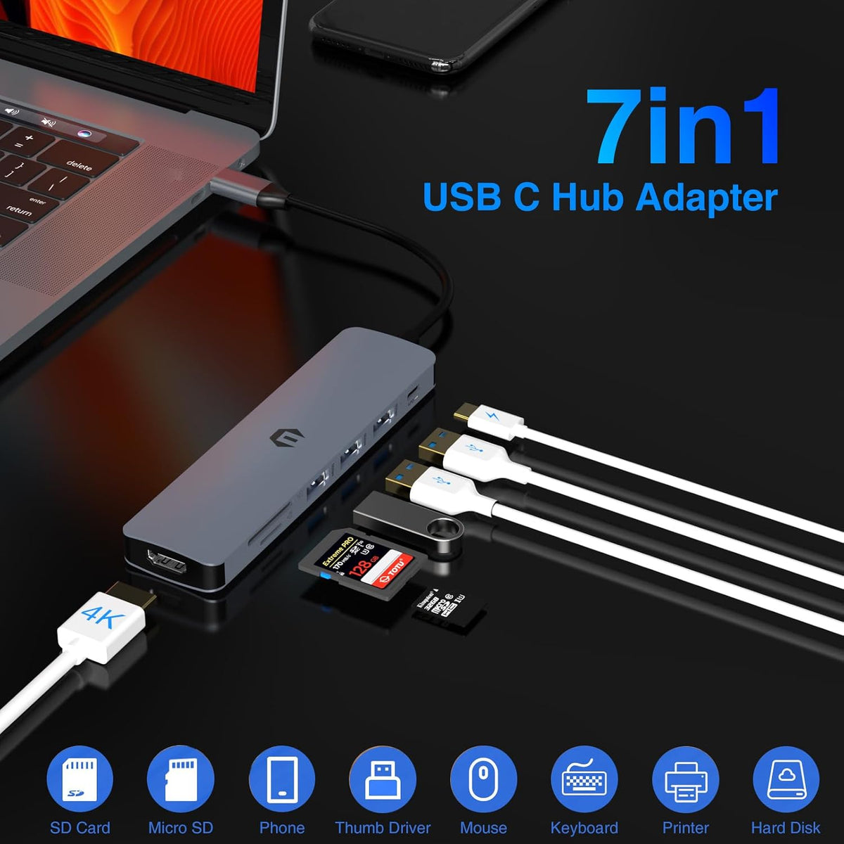 USB C Hub Multiport Adapter, 7-in-1 USB C Docking Station with HDMI, 100W PD, 3 USB 3.0, SD/TF Slot for MacBook Pro/Air, Type C Laptop