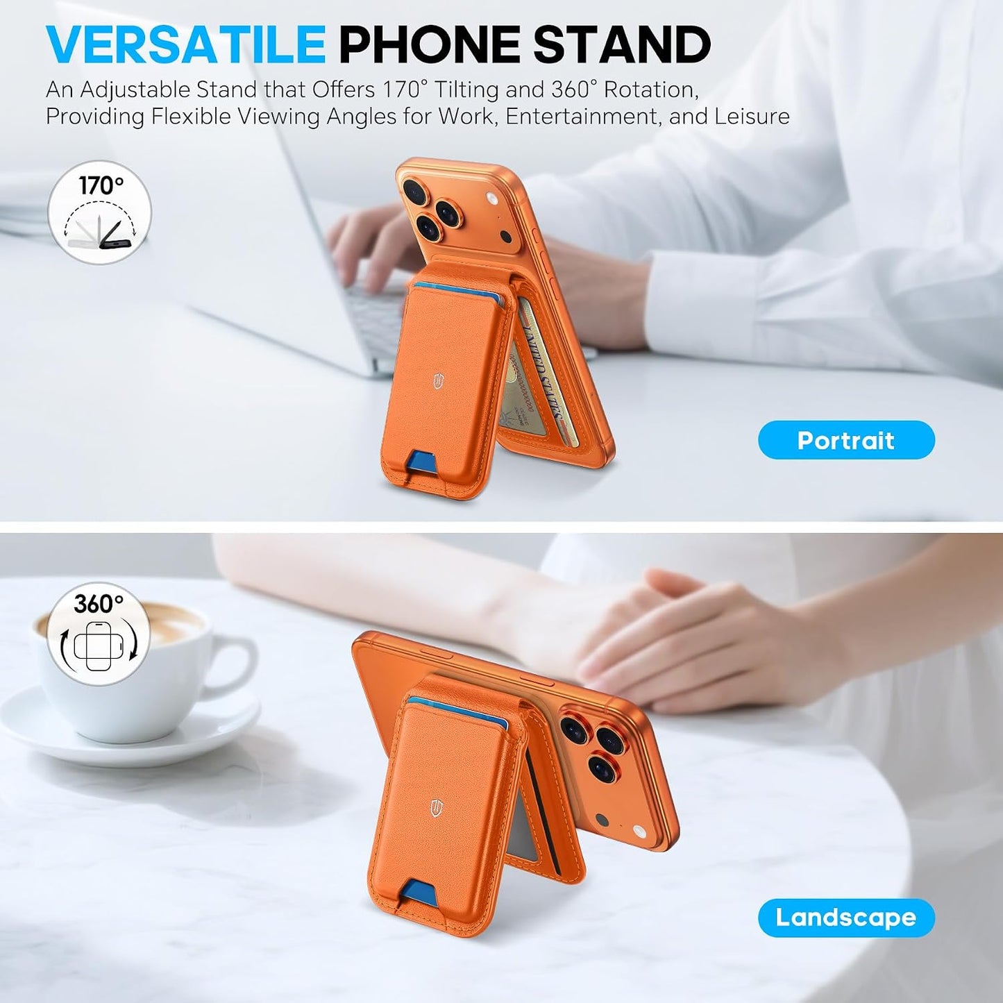 SHIELDON Genuine Leather Magnetic Wallet Stand for MagSafe, Orange | Strong Magnetic, 6 Card Holders, Kickstand, Rfid Blocking, Quick-access, ID Window, for iPhone 17/16/15/14/13/12 Series