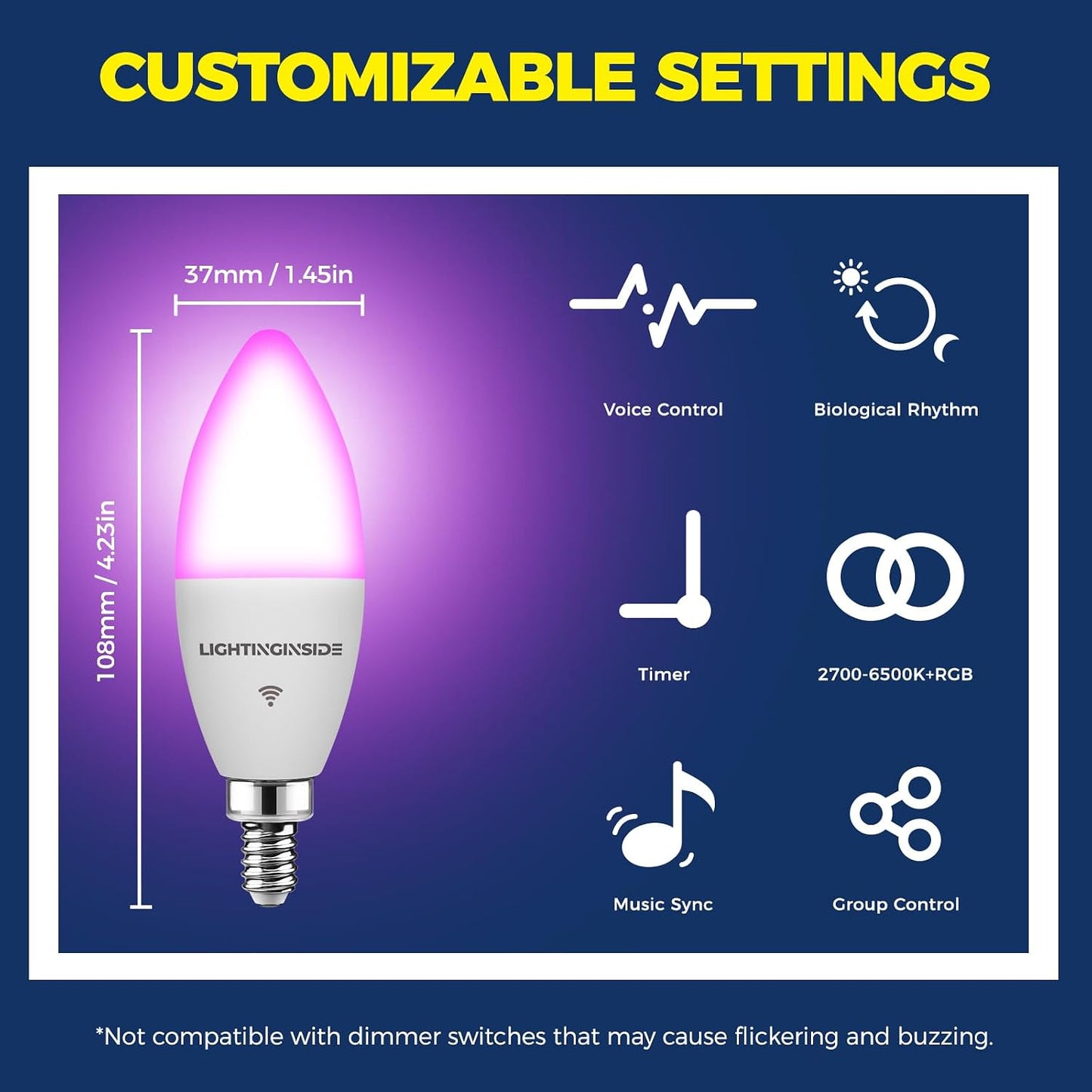 Lightinginside E12 Smart Light Bulbs 60W Equiv., Work with Alexa/Google Home/SmartLife, 500LM 6W RGBCW Candle Candelabra LED Bulbs, No Hub Required, 2.4G WiFi & BLE Chandelier Bulb, ETL Listed, 3PCS