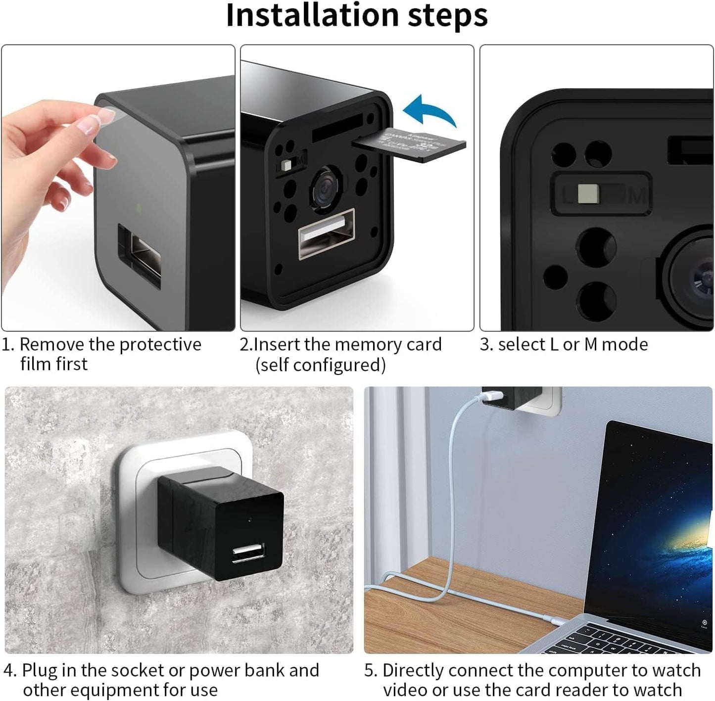 Charger Camera, 1080P Small Camera with Motion Detection, Camera with 64GB Micro SD Card Included, Nanny Camfor Home, Window, Indoor and Security (No WiFi)