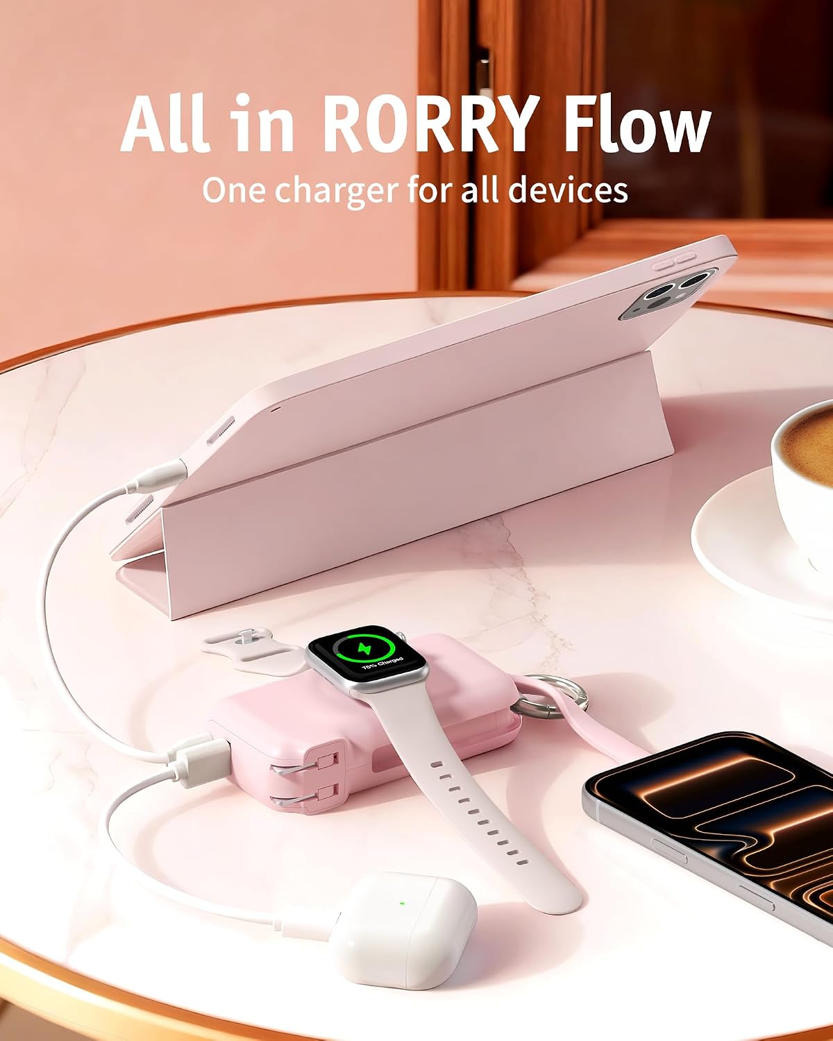 RORRY Flow Portable Charger 10000mAh 40W Wall Plug Power Bank Battery Pack | Built-in USB-C Cable, Keychain Design, Fast Charging, for iPhone 17/16/15, Apple Watch, iPad, 3-in-1, Travel Essential