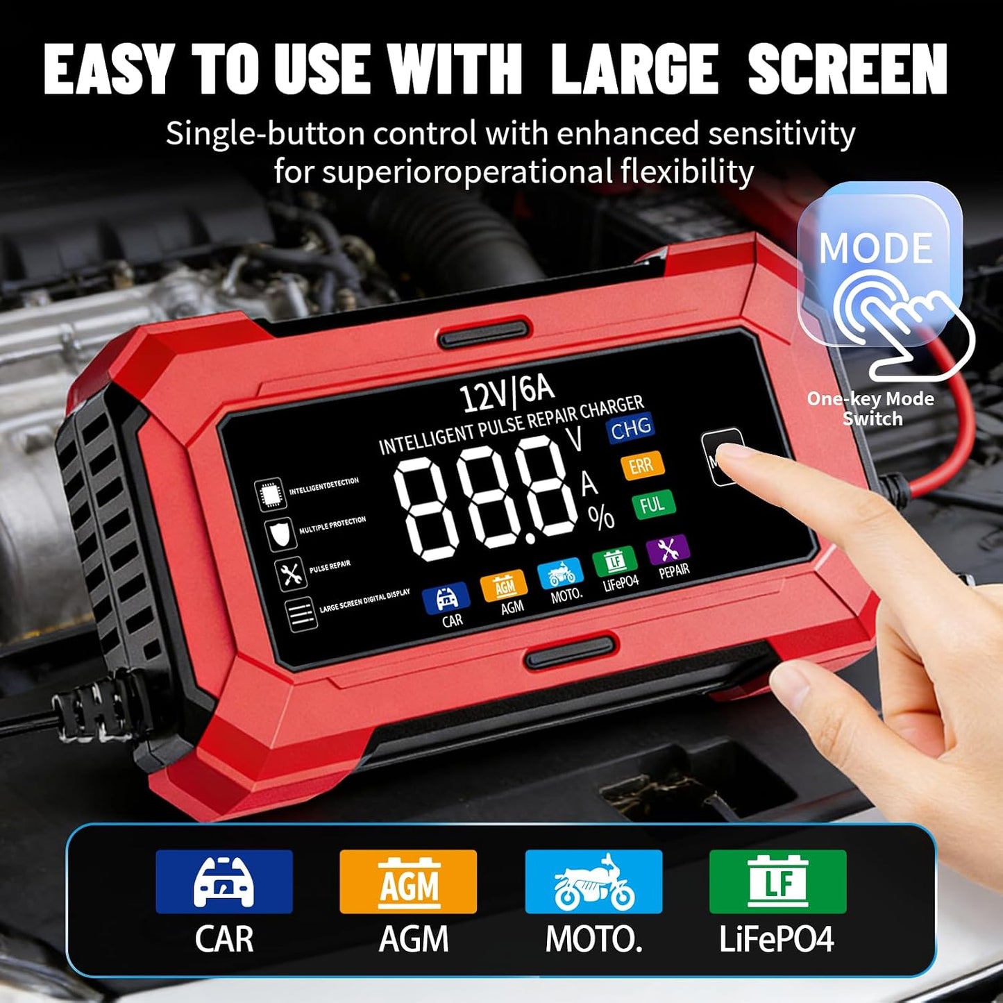 12V Smart Car Battery Charger with LCD Display, Automatic Trickle Charger, Jump Starter Red, Multiple Protection, Pulse Repair Technology, Compatible with 1100/ABS/APRC/RSV4 Models