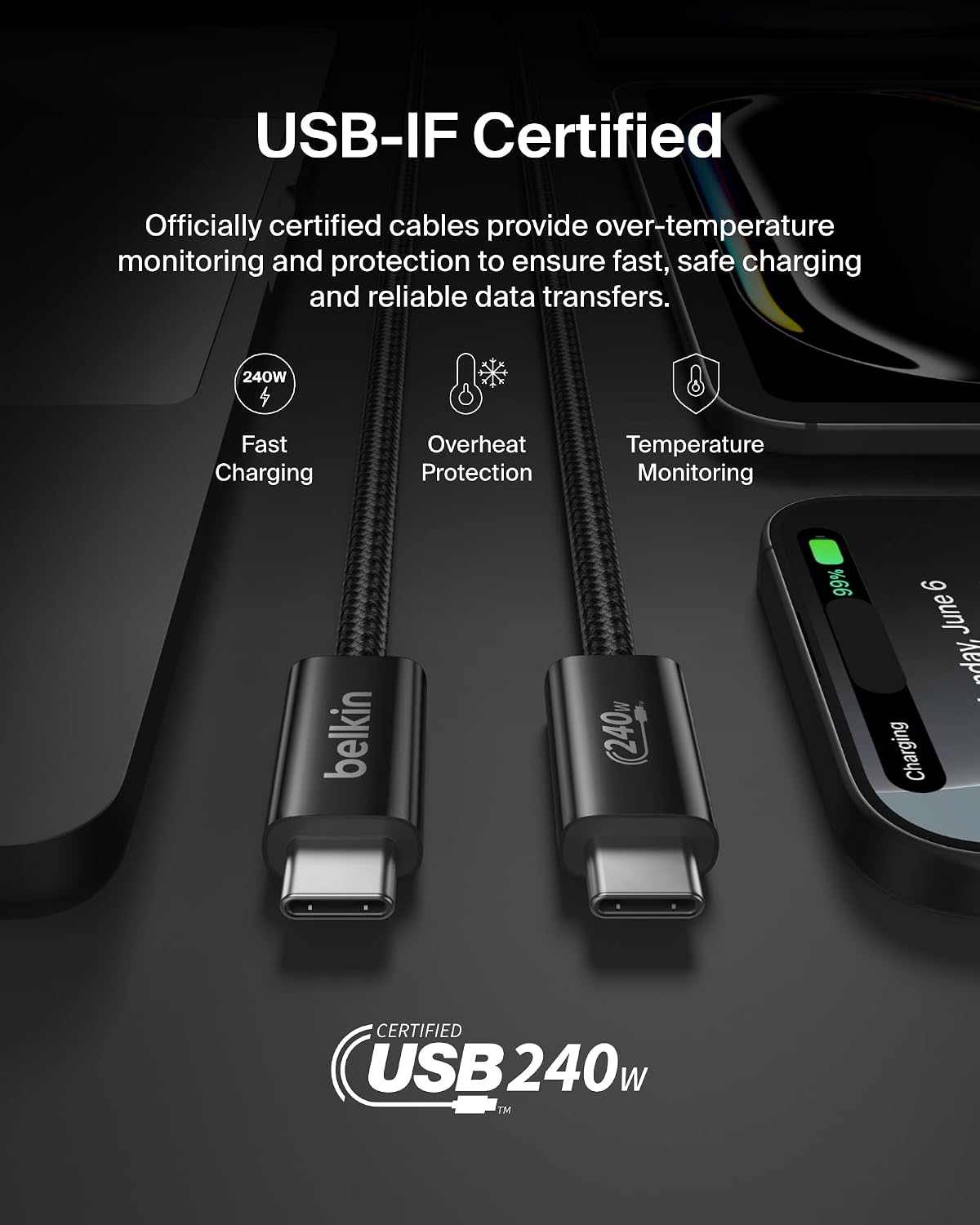 Belkin USB C to USB C 240W Cable 2 Pack, 6.6ft Fast iPhone Charger Cord | iPhone 15/16/17, Samsung Galaxy S26, Pixel 10, Airpods, iPad, Nintendo Switch 2, MacBook, Steam Deck, Travel, Chromebook