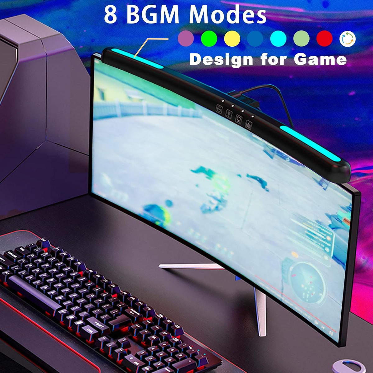 Curved Monitor Light Bar with 7 RGB for 24-27 Inch Screen, Stepless Dim