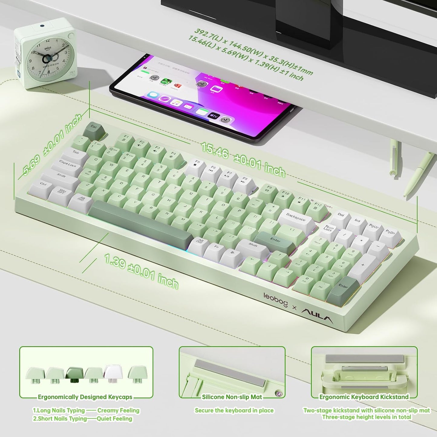 LEOBOG X Aula Green Keyboard Wireless Gaming Keyboard Creamy Silent | 98 Keys,Quiet,RGB Backlit,2000mAh Computer Keyboards Membrane Creamy Keyboard with Number Pad,Tri-Mode BT/2.4GHz/USB-C