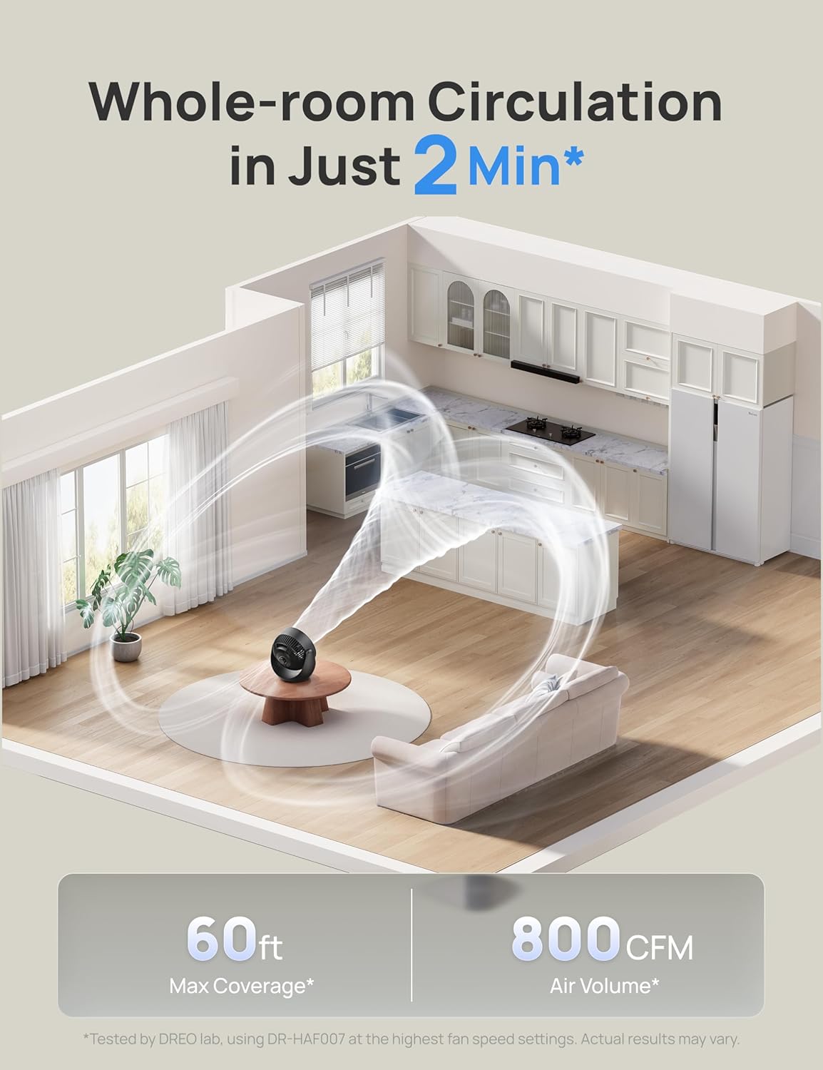 DREO Fan for Bedroom, Table Air Circulator for Whole Room, 11 Inch, 60ft Strong Airflow, 120° adjustable tilt, 20db Low Noise, Quiet, 3 Speeds, Desk Fan for Home,Office, Kitchen