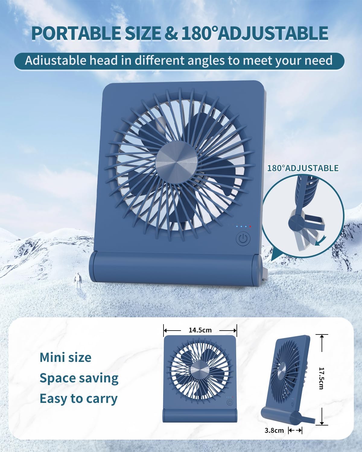 Desk Fan, Rechargeable Battery Operated, 3 Speeds Ultra Quiet Strong Wind | USB-C powered,180° tilt folding.25dB quiet.2000mAh battery:12/8.5/4.5hrs.Portable,personal fan for desk,office,home,bedroom.