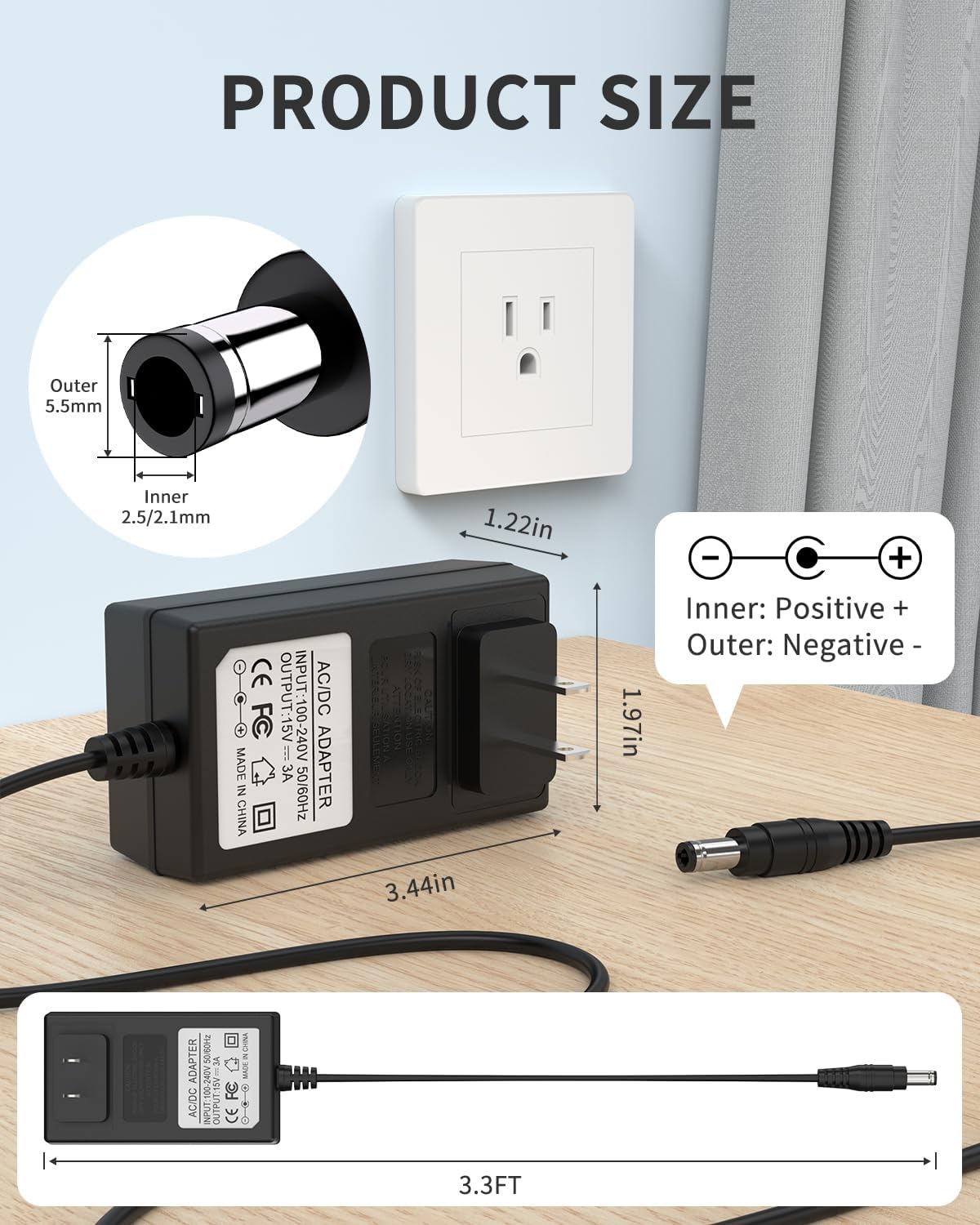 15V 3A Power Supply Adapter Charger Switching Converter Adapter, (Input AC 100V-240V, Output DC 15 Volt 3 Amp 45 Watt), Round Barrel Plug 5.5mm x 2.1mm & 2.5mm Tip Center Positive - 3.3ft Long Cord