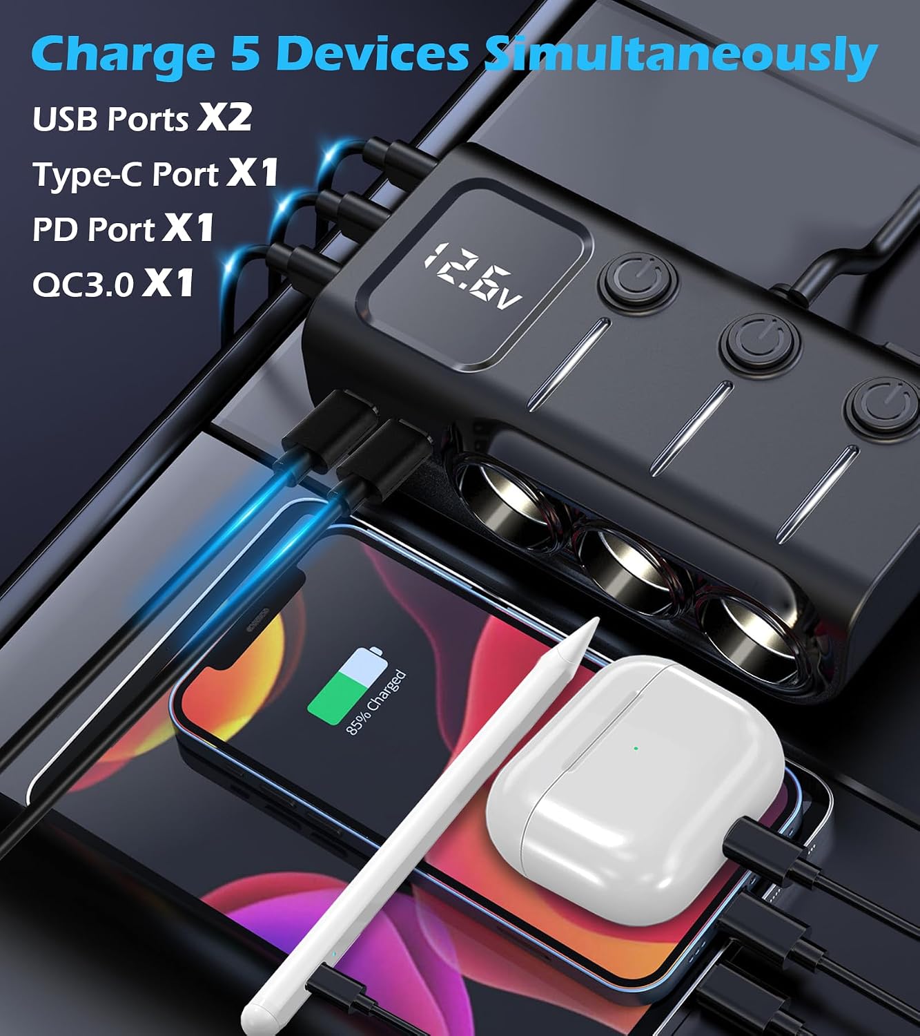 LIHAN 120W Car Splitter, 3 Cigarette Sockets Adapter, 5 USB, PD36W 8-in-1 | Power dashcam, GPS and more with 3 outlets, 5 USB ports, PD36W USB-C fast charging 3.3FT cord ,voltage monitor for RVs,Cars