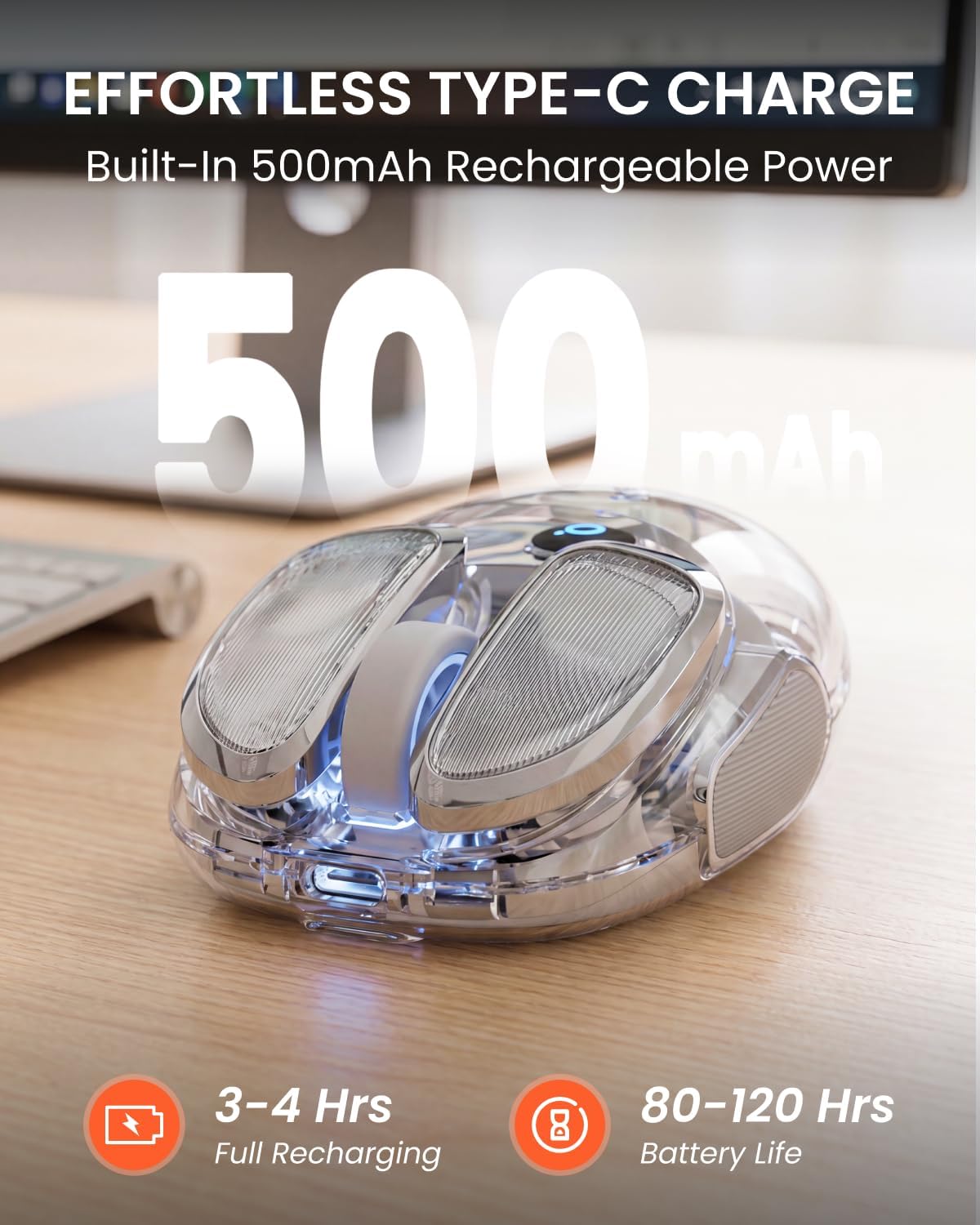 SEUNKWANG Q9 Transparent Wireless Mouse with RGB Lighting, Compact Multi-Device Bluetooth &amp; 2.4G Computer Mouse, Rechargeable, Quiet Clicks, 4800 DPI Cute Mice for Laptop, PC, Mac, iPad - Silver
