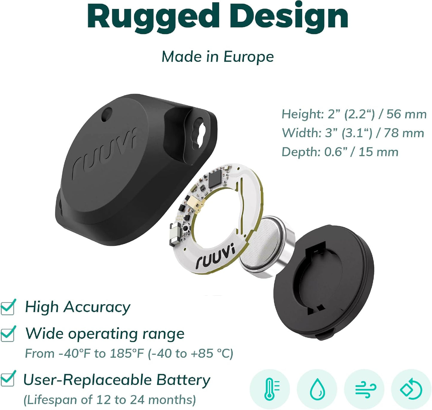 RuuviTag Pro 4in1 Wireless Bluetooth Temperature (°C/°F), Air Humidity, and Air Pressure. Alerts & History. Free Android/iOS apps. Integrates with Victron, Homey, and Home Assistant. Made in Europe.
