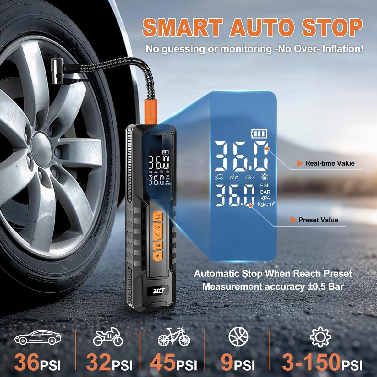Tire Inflator Portable Air Compressor – Emergency Flat Tire Rescue & Pressure Maintenance Tool, Cordless Pump with 150PSI, LCD Screen, Auto Shut-Off – for Car, Motorcycle, Bicycle, Balls