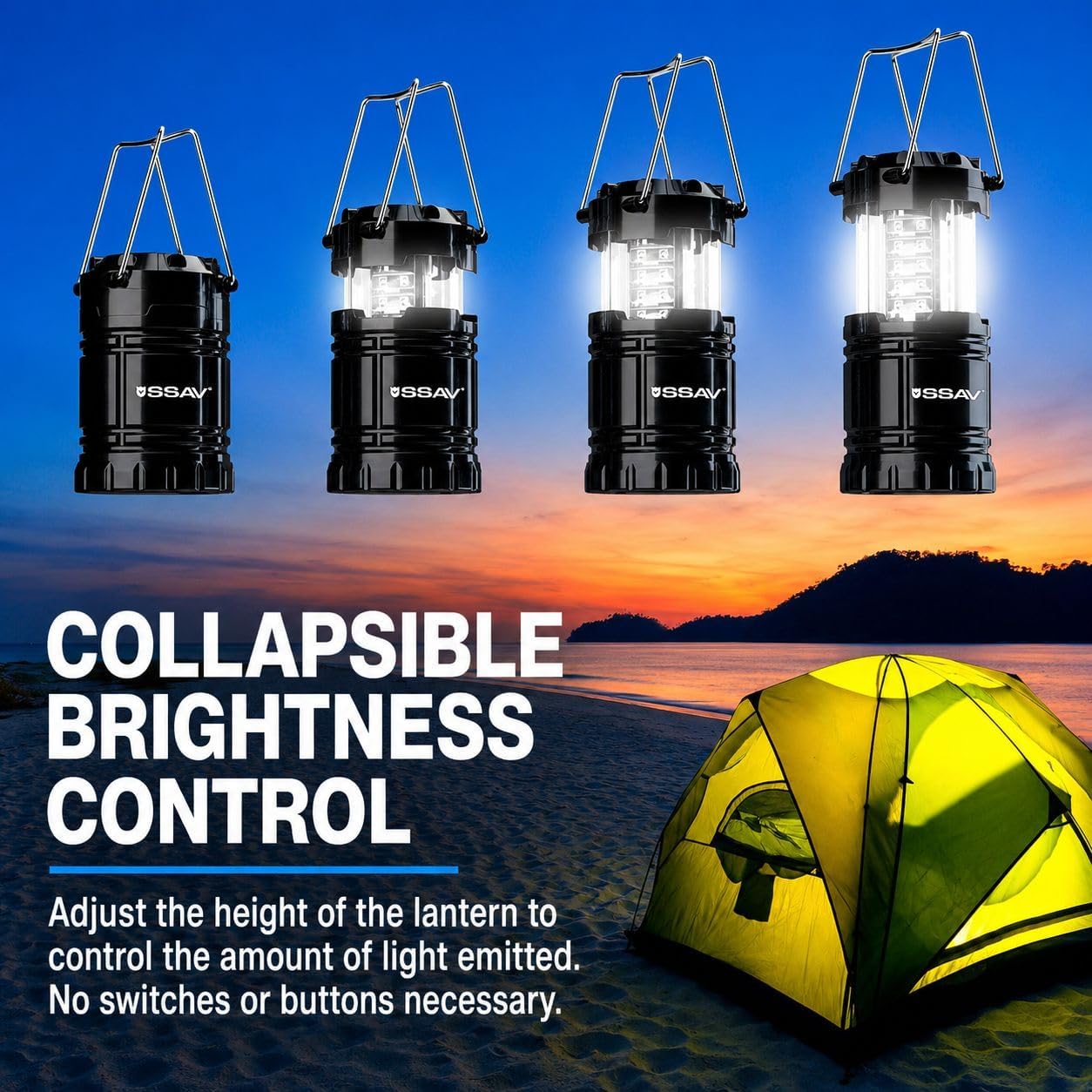 SSAV LED Camping Lantern, Emergency Lanterns for Power Outages & Hurricane Preparedness, Collapsible Portable Survival Lights for Camping, Storms & Emergencies, Batteries Included (4, Black)