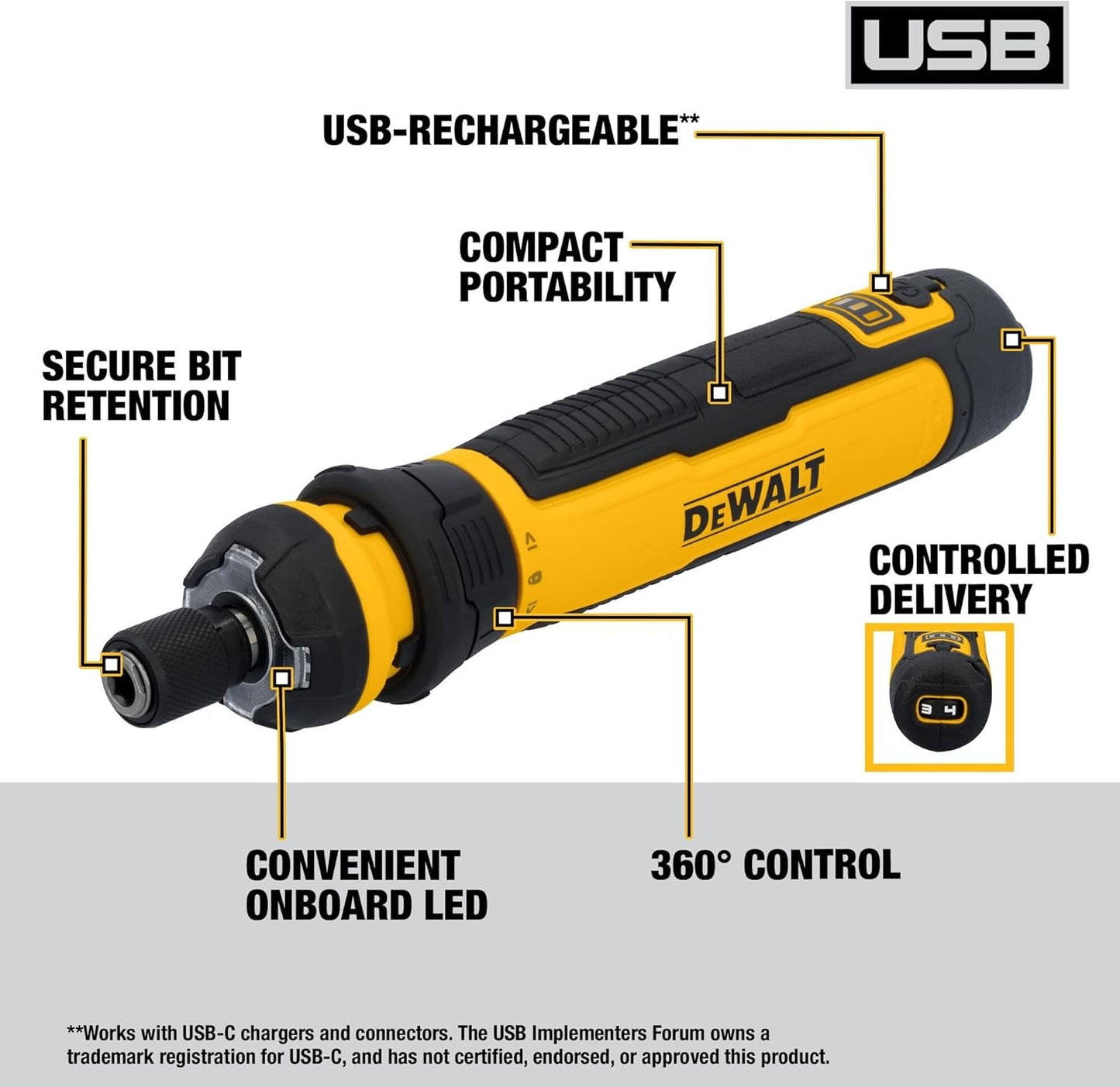 DEWALT Cordless Screwdriver, 4V USB Rechargeable Electric Screwdriver with 12 pcs Screwdriver Bit Set, LED Light, FLEXDRIVE Control, Compact, Ergonomic (DWHT66719)