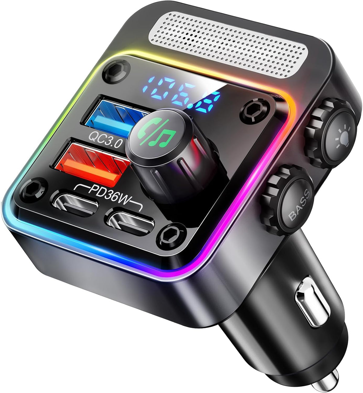 Nulaxy 54W Bluetooth 5.3 Car Adapter, FM Transmitter 4-Port Fast Charging | Wireless FM Radio Music Player with Deep Bass, 5 Colors LED Backlit, Hands-Free Calling, PD&QC Car Charger Support USB Drive