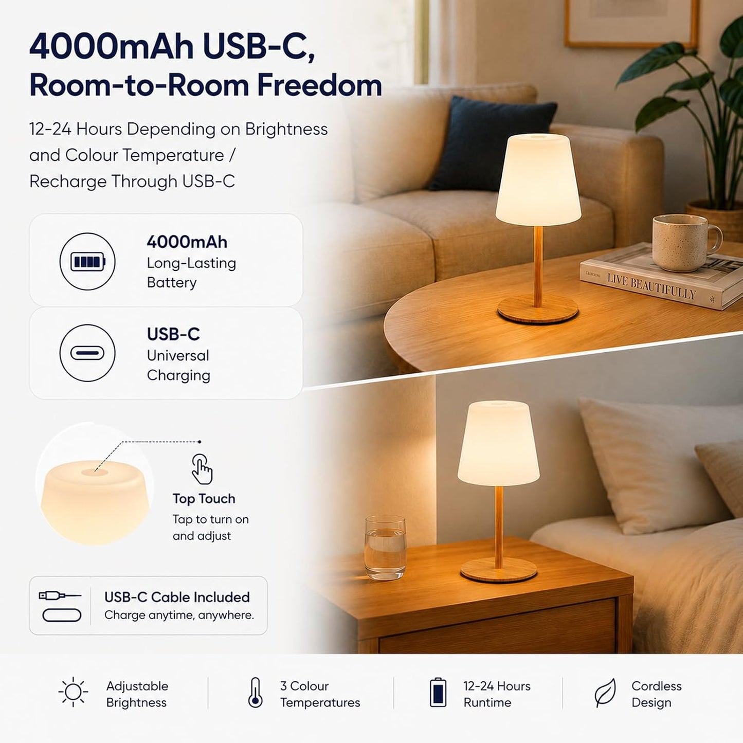 IP65 Waterproof Shower Lamp, Cordless Rechargeable Table Lamp, Wood Grain | Bathroom To Bedside Glow, Touch-Dim Comfort, 4000mAh USB-C Ease, 12-24H Light, 3 Light Moods, 2-Height Fit