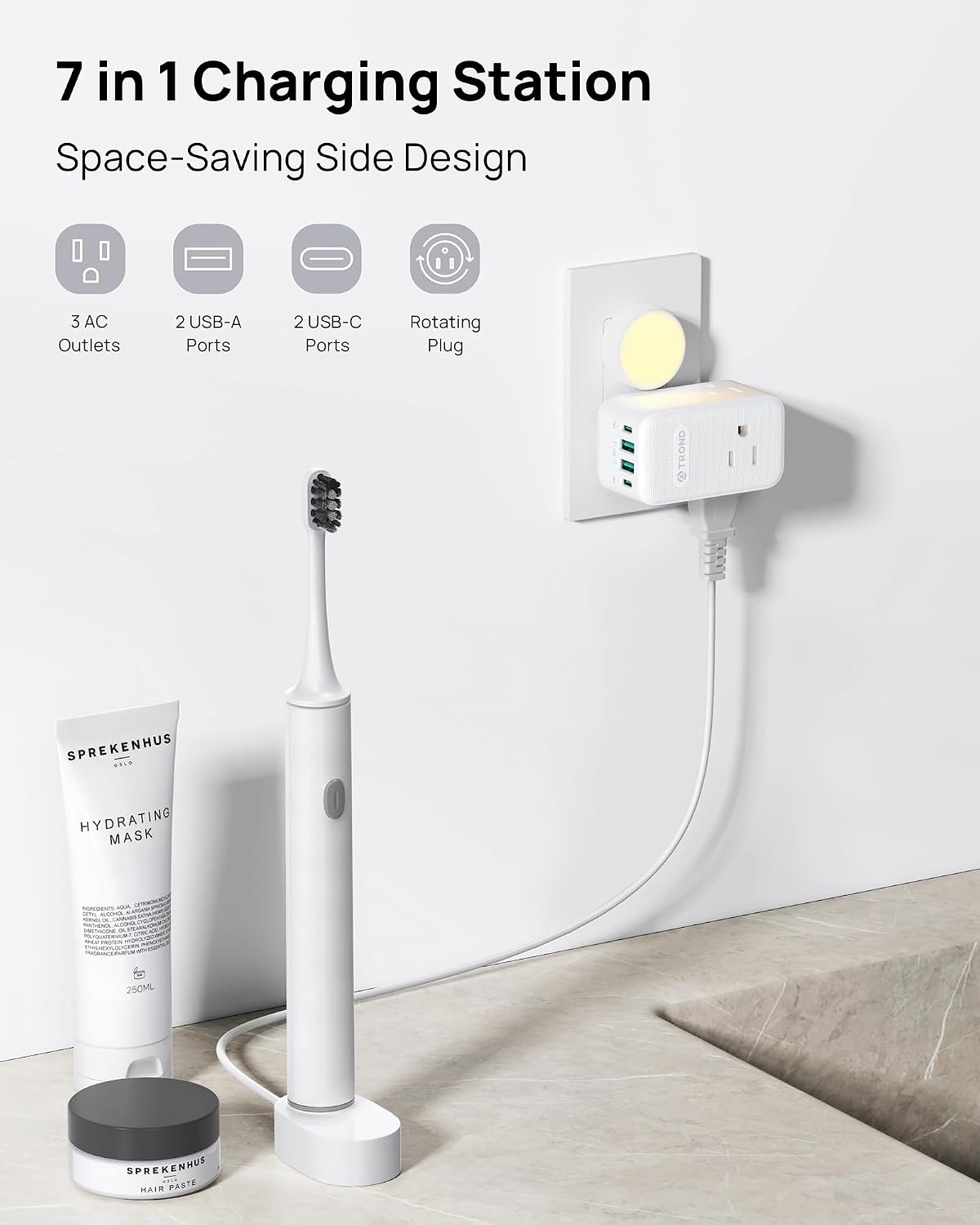 TROND Multi Plug Outlet Extender with 2 PD 20W USB C Charger and 3 Outlets | 360 Rotating Plug, 4 USB Plug Adapter, 2 USB C and 2 USB A, A Small Charging Station for Kitchen Bathroom Cruise Essentials