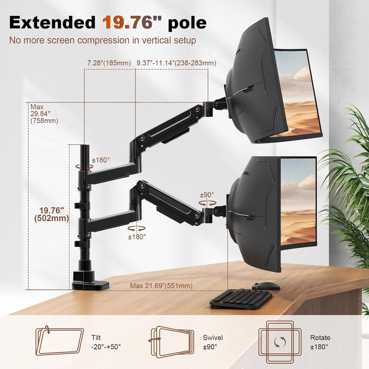Heavy Duty Dual Monitor Arm for 17-49" Screens, Vertical Stack, 44lbs
