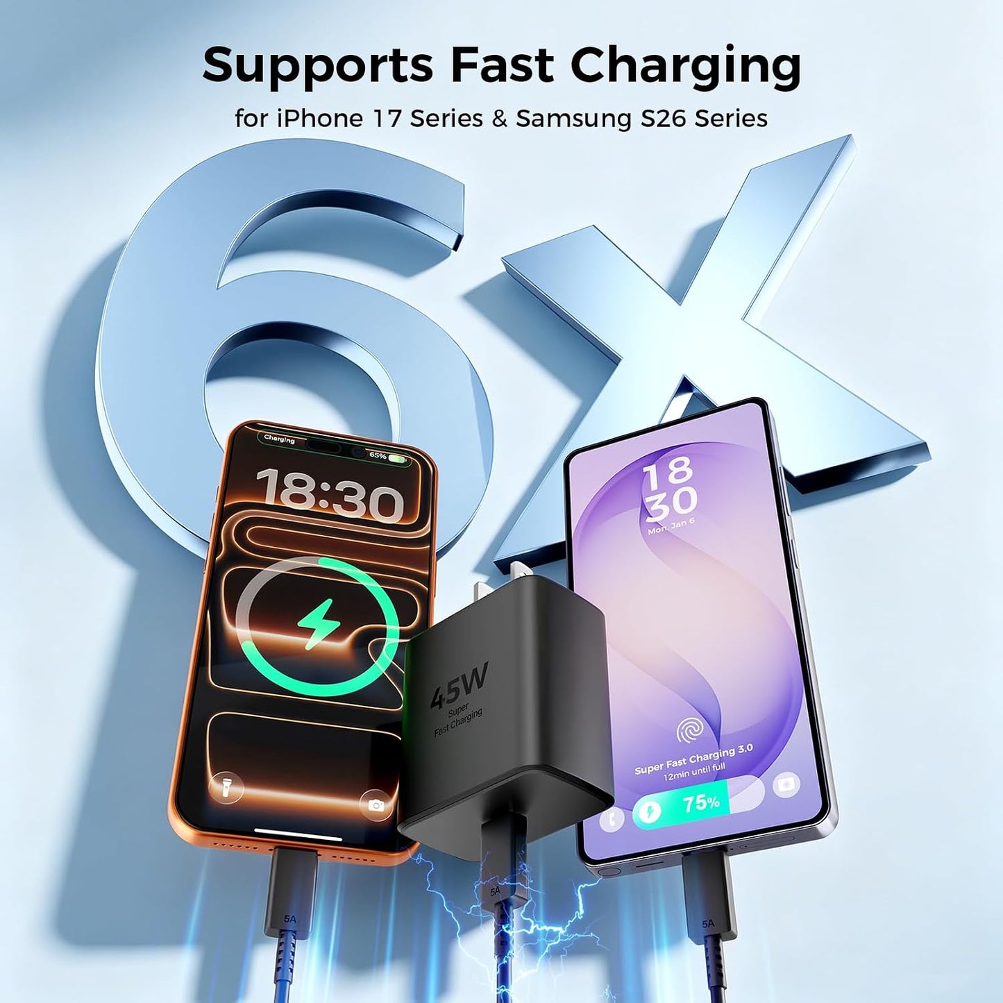 45W USB C Super Fast Charger Type C Charger Fast Charging Android Phone Charger Block with 10FT&6FT Type C Charging Cable for Samsung Galaxy S26 Ultra/S26/S26+/S25/S24/S23/S22/S21+/iPhone 17/16/15