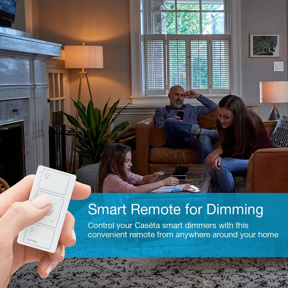 Lutron Pico Remote for Caseta Smart Dimmer Switch, 3-Button Control | Wireless remote w/ raise/lower and preset lighting level, for table top or wallmount use, PJ2-3BRL-WH-L01R, White