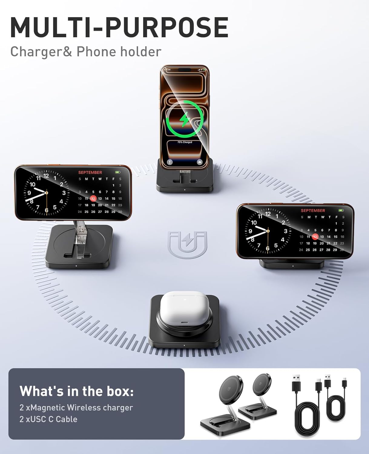 Magnetic Wireless Charger, [2 Pack] 15W Foldable Fast Charging Stand | For iPhone 17/16/15/14/13/12 Series/AirPods 3/2/Pro,Samsung Wireless Charger Station for Galaxy S25 Ultra/S24/S23/S22/S21/S20