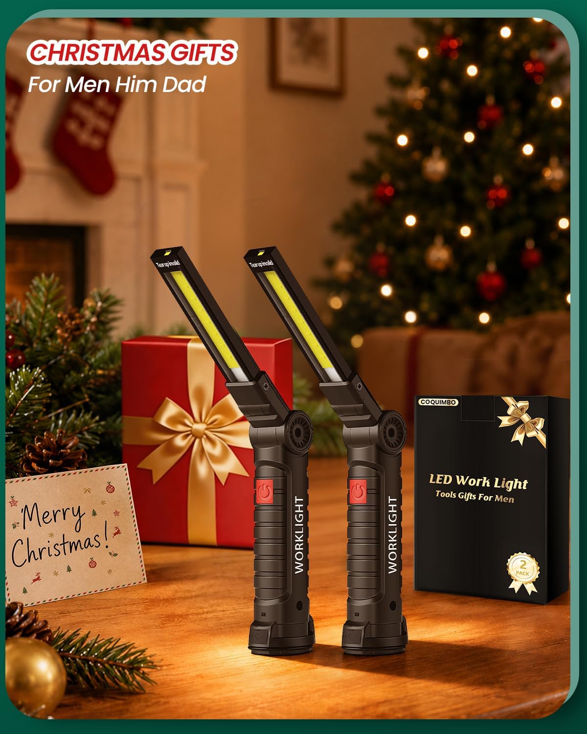 Coquimbo 2 Pack Rechargeable Work Light, Christmas Tool Gifts for Men Dad | Mens Stocking Stuffers for Adults Husband, LED Flashlight, BBQ Light Grill Accessories with Magnetic Base and Hook (Black)