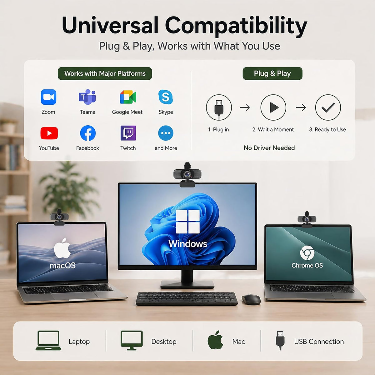 Full HD 1080P Webcam with Microphone, Noise-Canceling, Privacy Cover, Wide-Angle Lens, Auto Light Correction, Plug & Play USB Web Camera for Laptop, Desktop, PC, Mac, Zoom, Skype – Pro Series