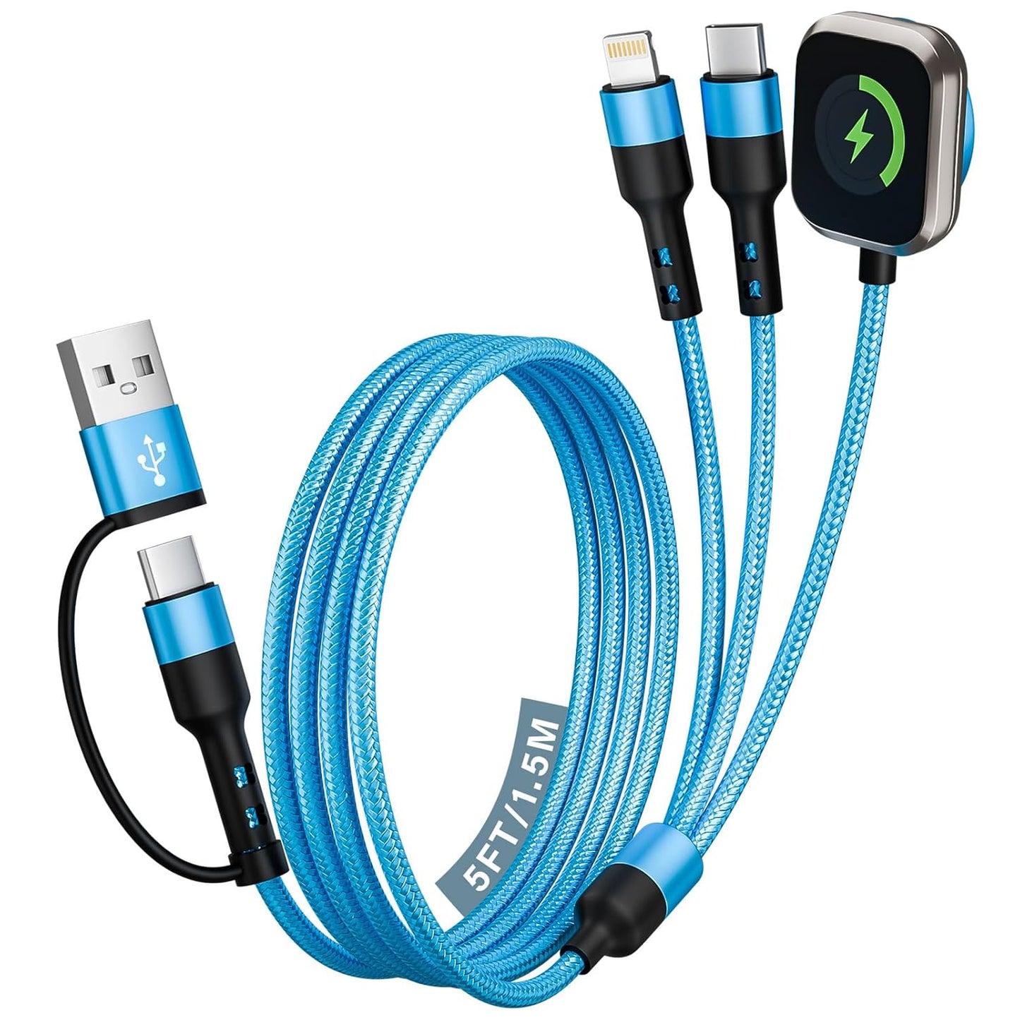 Cruise Travel Essentials 2026, Multi Charging Cable Cord for iWatch Charger | 3 in 2 USB A/C Cable to iPhone 17 Charger/iWatch Charger/IP, Multi Charger Cable for iWatch Series & iPhone17-8/iPad Blue-5FT