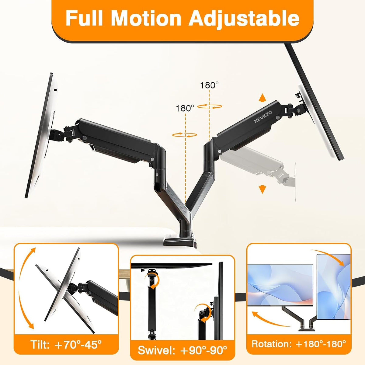 Dual Monitor Arms, Gas Spring Monitor Arms for 2 Monitors up to 34" Curved/Flat, 22lbs per Arm, VESA Mount 75x75 100x100mm, C-Clamp & Grommet Base, Adjustable Tilt/Swivel/Rotation