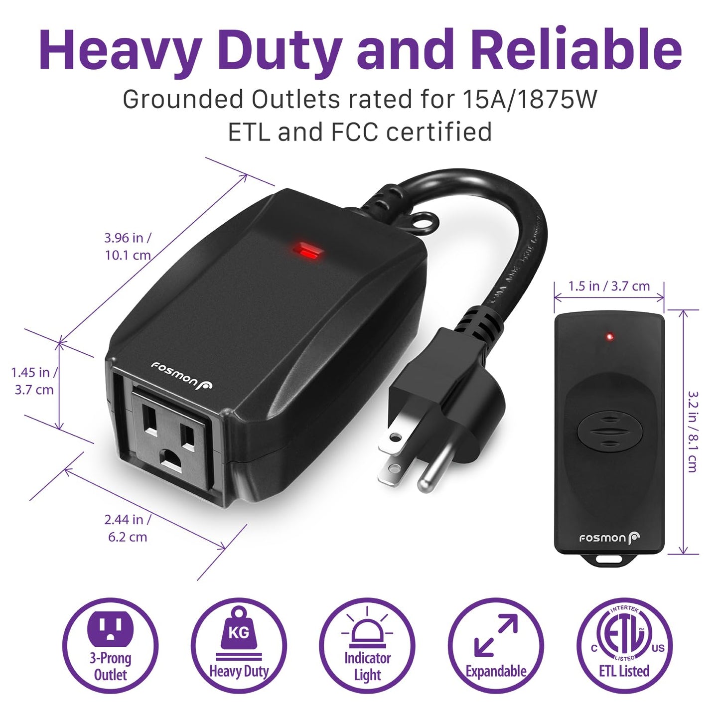 Fosmon Outdoor Indoor Remote Control Outlet with 2 Wireless Remotes, Electrical Plug in Light Switch Weatherproof, 15 A Heavy Duty 3-Prong Plugs Outlets for Outside Lighting, 100 FT Range- ETL Listed