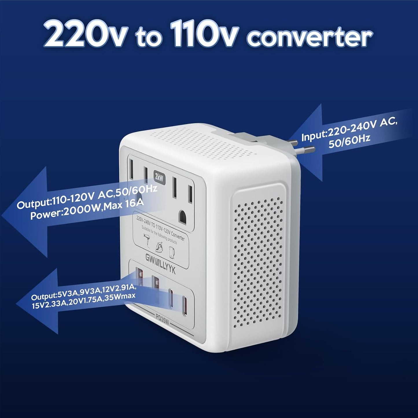 2000W 220V to 110V Voltage Converter Us to Europe for Hair Dryers, Travel Converter with PD 35W USB Ports, Converter for European Travel, International Travel Adapter with Type C G I A (Gray)