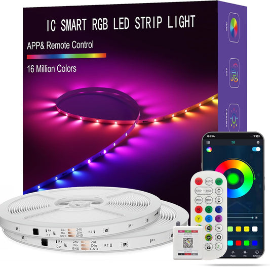 Led Lights for Bedroom 100FT Smart IC+RGB Strip Lights | Music Sync Color Changing, 24Key Remote+App Control Light Strip for BedHead,Underbed,Ceiling,Background Wall(2x50FT)