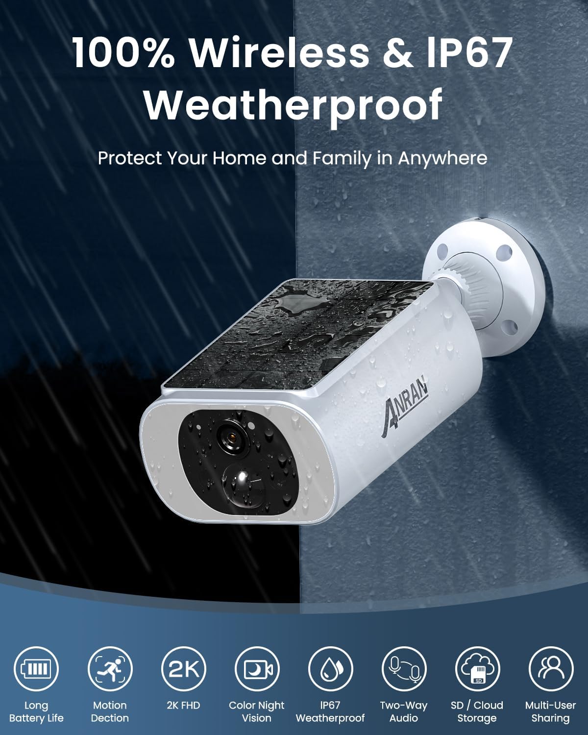 ANRAN 2K Solar Security Cameras Wireless Outdoor, 2.4Ghz WiFi Surveillance Outdoor Camera for Home Security with Embedded Solar Panel, Color Night Vision, 2-Way Talk, IP67 Waterproof, Work with Alexa