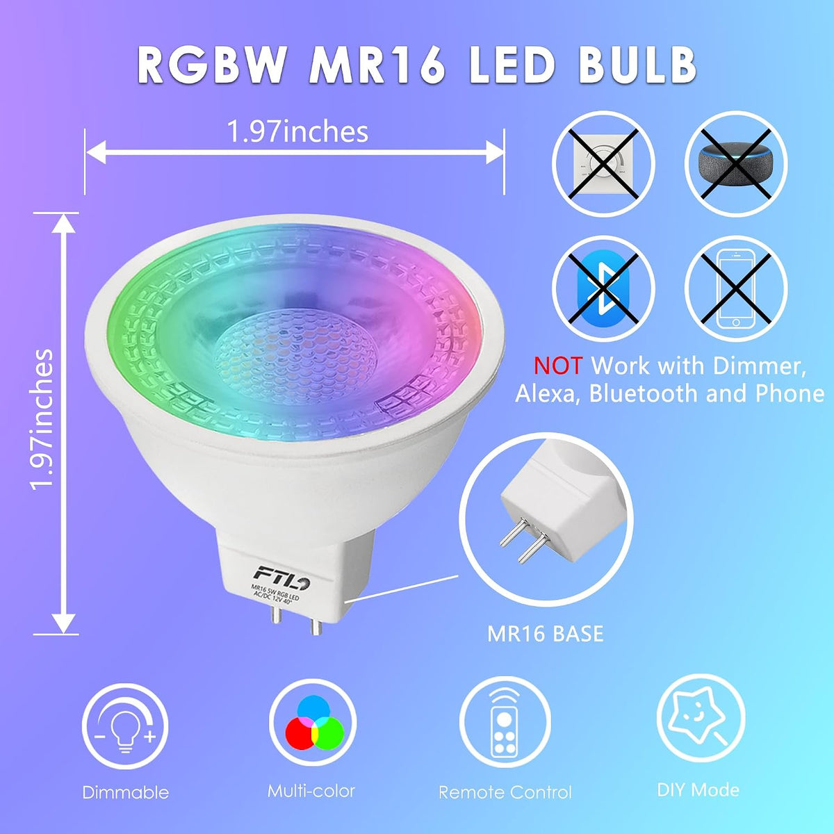 FTL MR16 LED Color Changing Light Bulb with Remote Control, 12V RGB Dimmable Colored Light Bulbs 5W=40W, 30 Color, Timer, 2700K-6000K, GU5.3 Landscape Light Bulbs for Track Recessed Lighting, 10-Pack