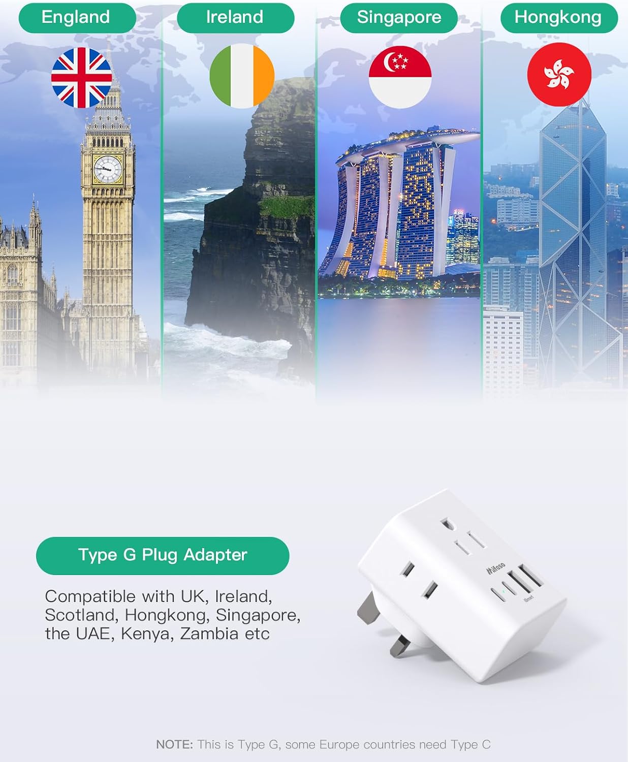 2 Pack US to UK Ireland Travel Plug Adapter, Type G Plug Adapter with 4 Outlets 4 USB Ports (2 USB C), UK Power Adapter for USA to London England Scotland British Kenya Qatar Hongkong