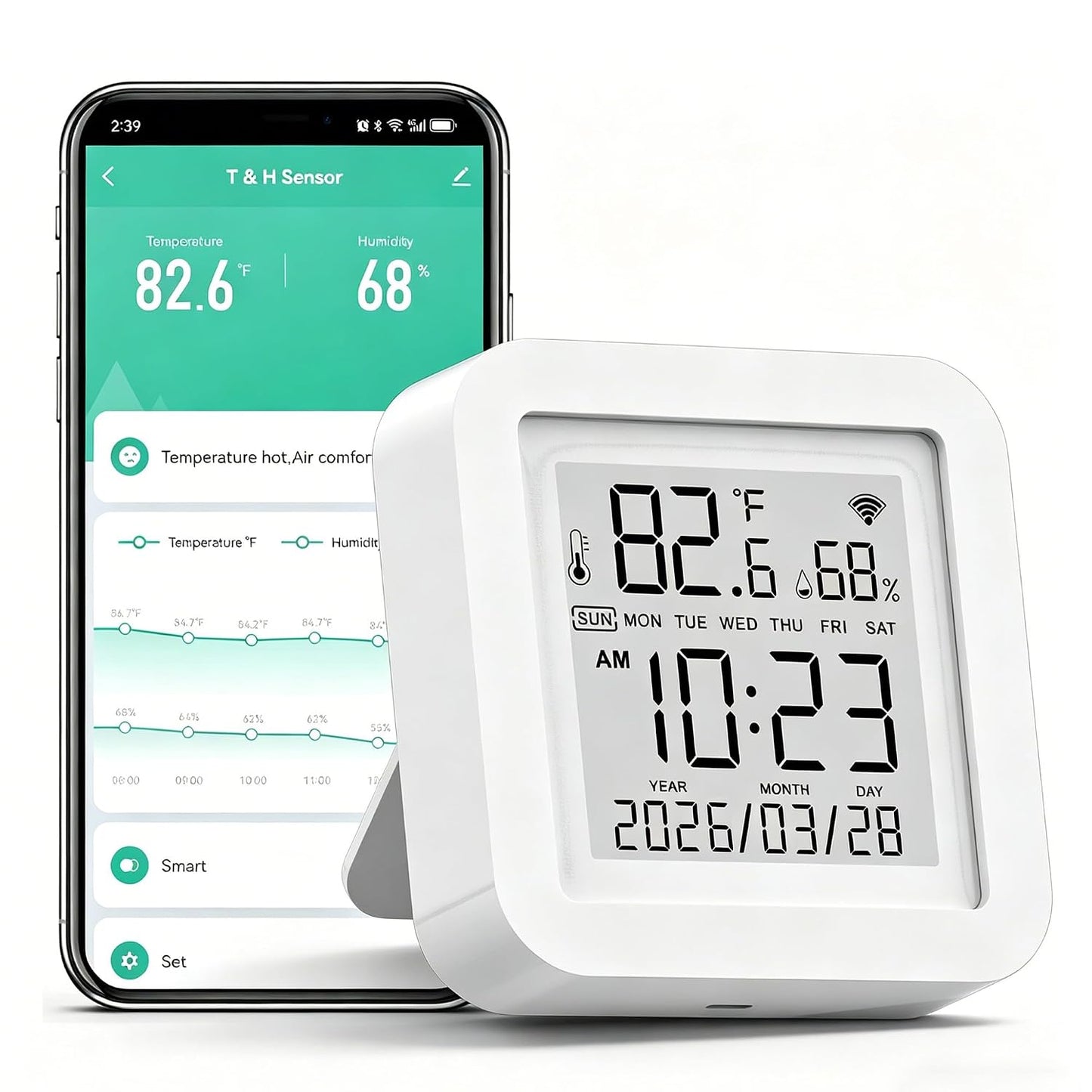 Smart WiFi Temperature Humidity Monitor: TUYA Wireless Temperature Humidity Sensor with APP Notification Alerts, WiFi Thermometer Hygrometer for Home Pet Garage,Compatible with Alexa