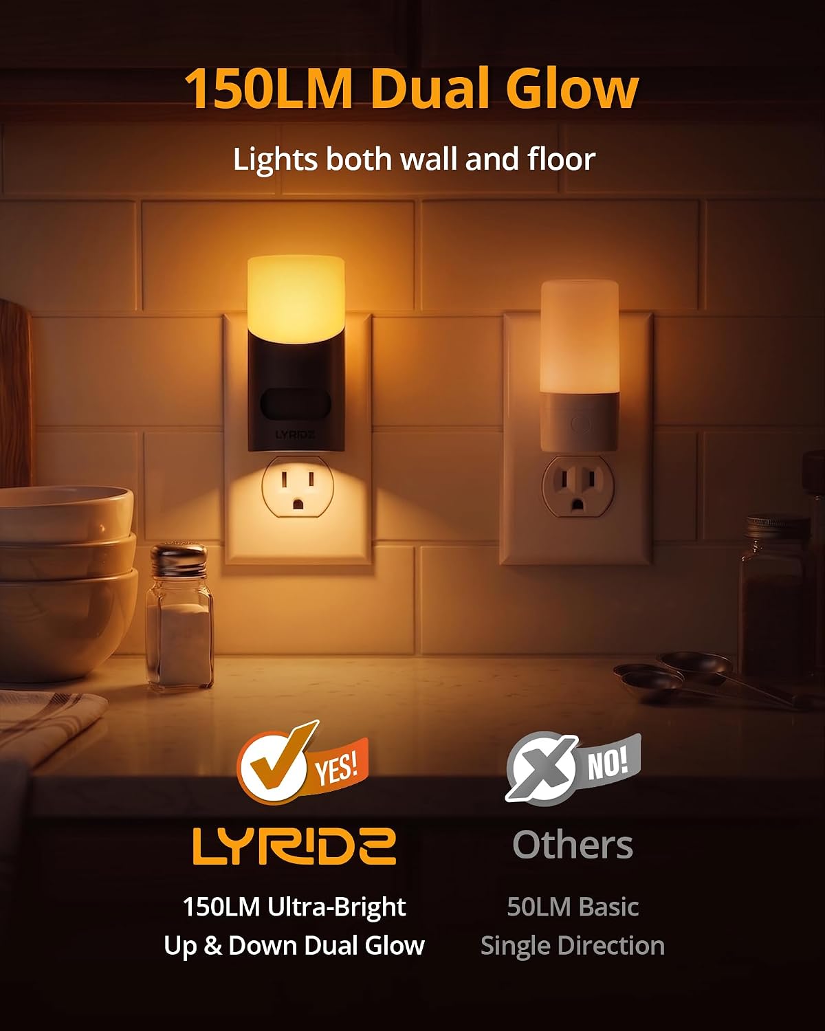 Lyridz Amber Night Light with Motion Sensor, 1-150LM Dimmable Plug-in Nightlight Indoor for Bedroom, Bathroom, Hallway, Stairs, Pet House, Toilet, 2 Pack