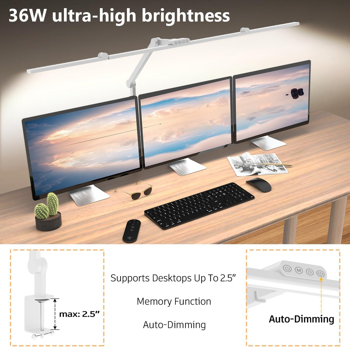 EPABINA 36W Ultra Bright Architect Desk Lamp with Clamp, Tall Overhead Rotatable Led Desk Light for Home Office, 47Inch Long Adjustable Monitor Light Bar with Remote for Computer Screen Desktop Table