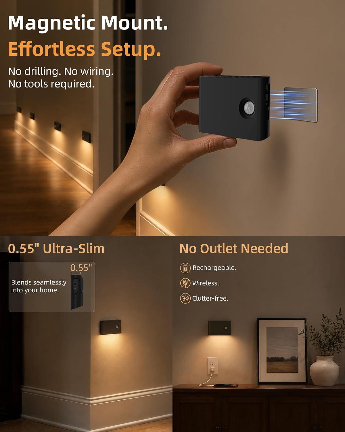 EZVALO 3 Pack Motion Sensor Night Lights, Sync LED Stair Lights Indoor, 1500mAh Rechargeable, Magnetic & Dimmable, 3000K Soft White, Portable Nightlight for Hallway, Stairs, Bathroom, Bedroom (Black)