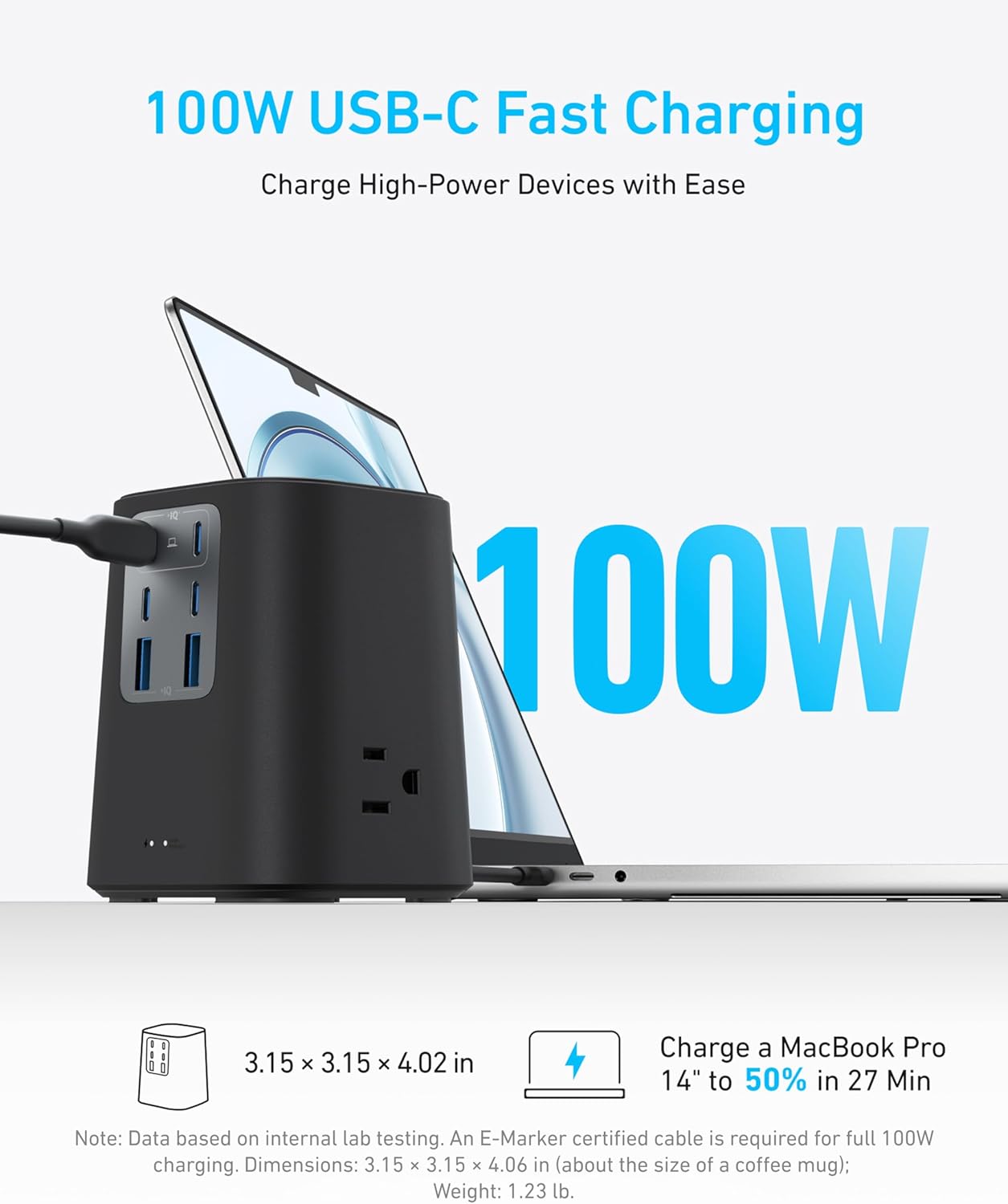 Anker Desktop Charger, 9-in-1 Power Strip with 300J Surge Protector, 100W | USB C Charger with 3 AC, 4 USB C, 2 USB A, 5ft Flat Plug Extension Cord with Multiple Devices, Home Office, Desk Accessories