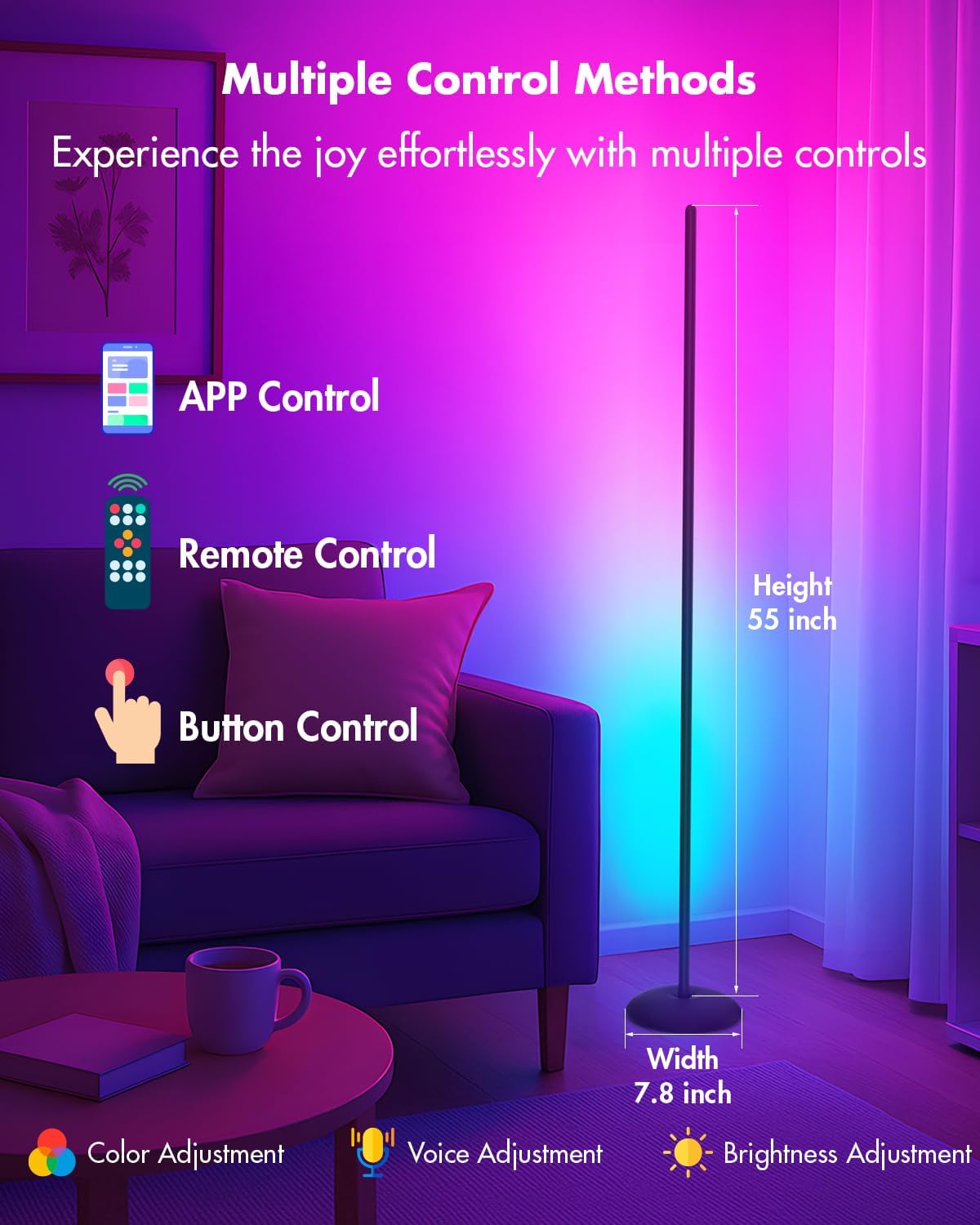 LED Corner Floor Lamp, RGB LED Corner Lamp with App & Remote, Smart Floor Lamp with 16 Million Colors, Music Sync, Scene Modes, Color Changing Standing Lamps for Living Room, Bedroom