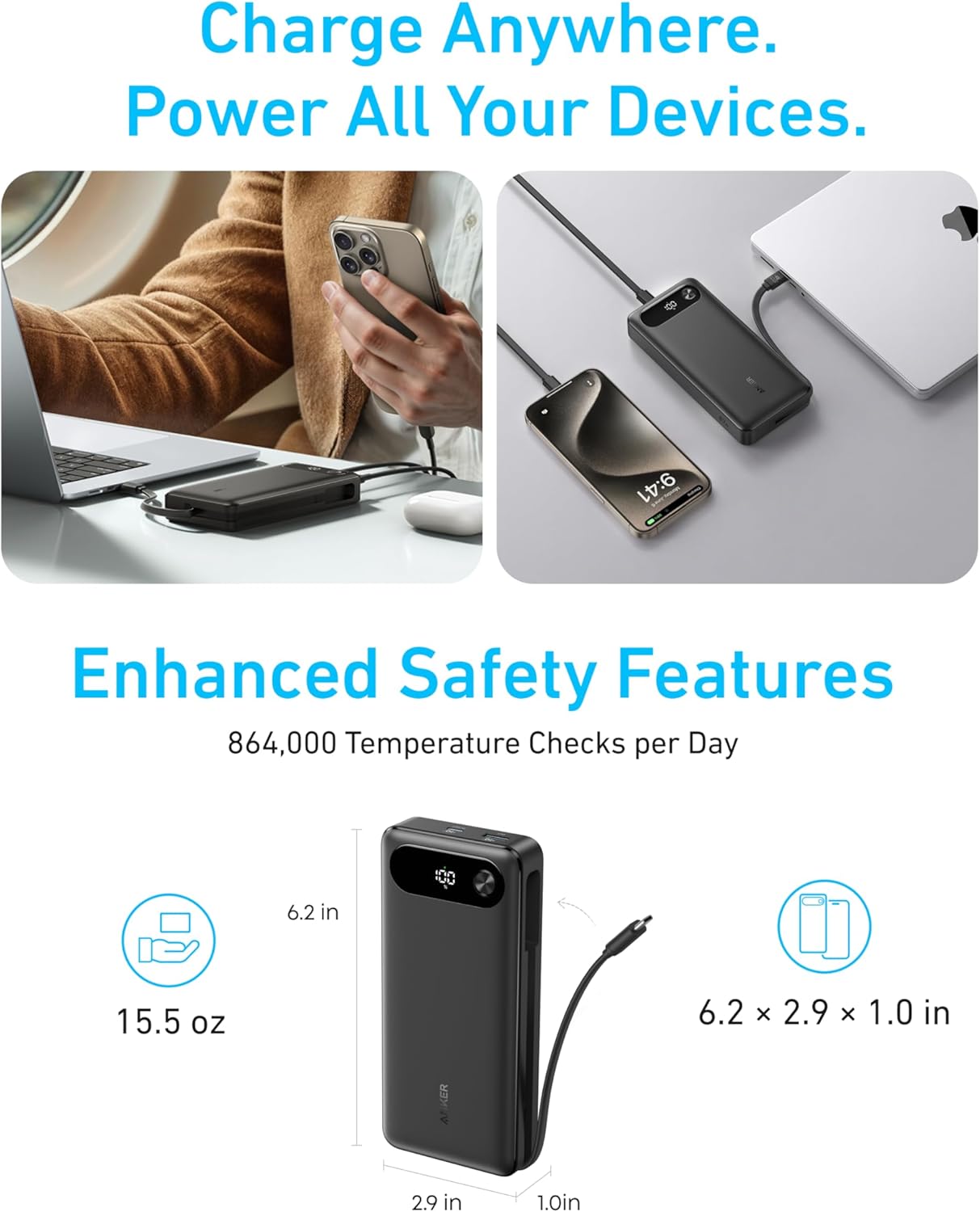 Anker Power Bank, 20,000mAh Travel Essential, Built-in USB-C Cable(White) | 3-Port 87W Max Fast Charging Battery Pack, for MacBook, iPhone 16 / 15 Series, Samsung, Switch, and More